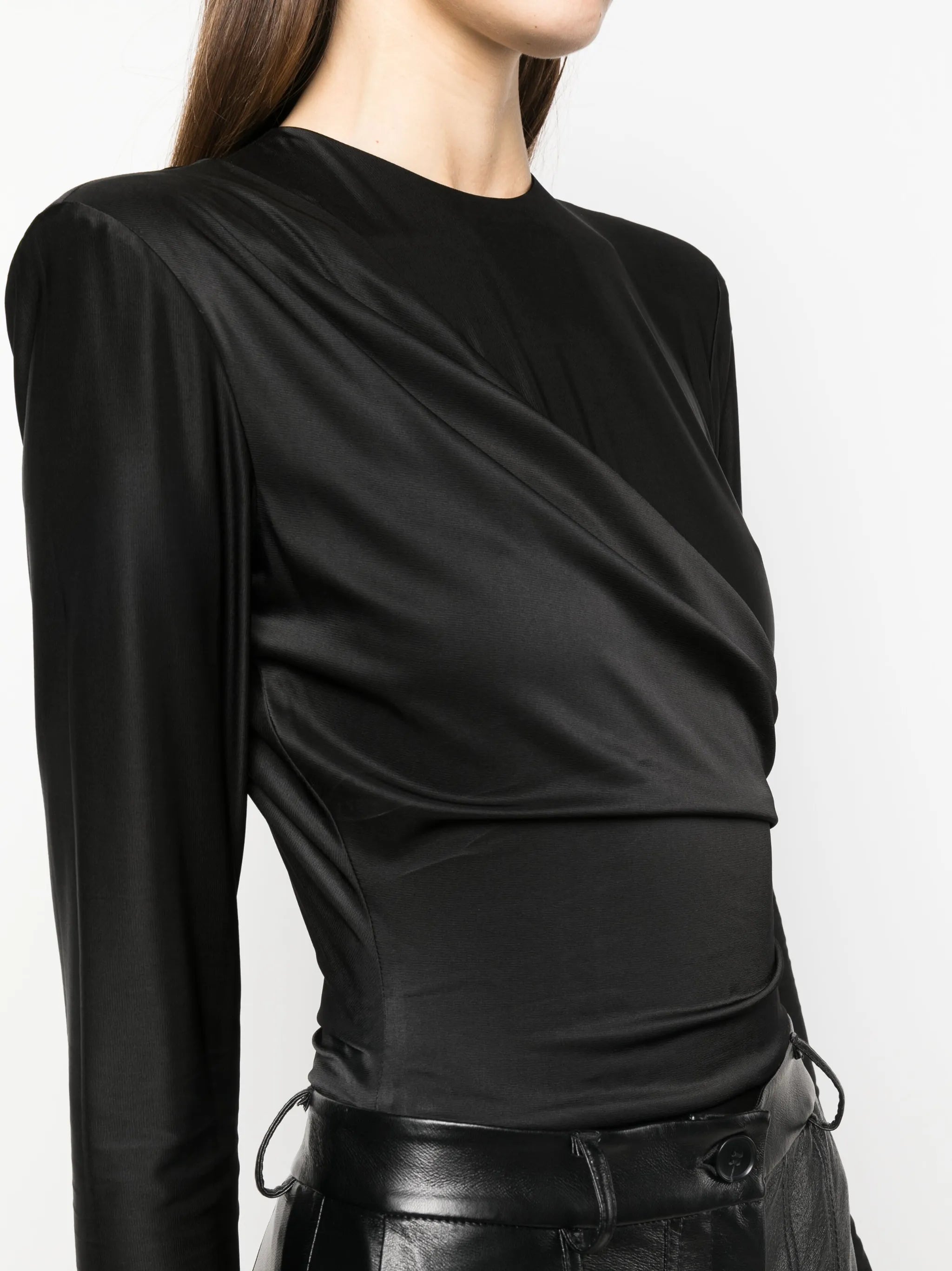 draped satin long-sleeve bodysuit