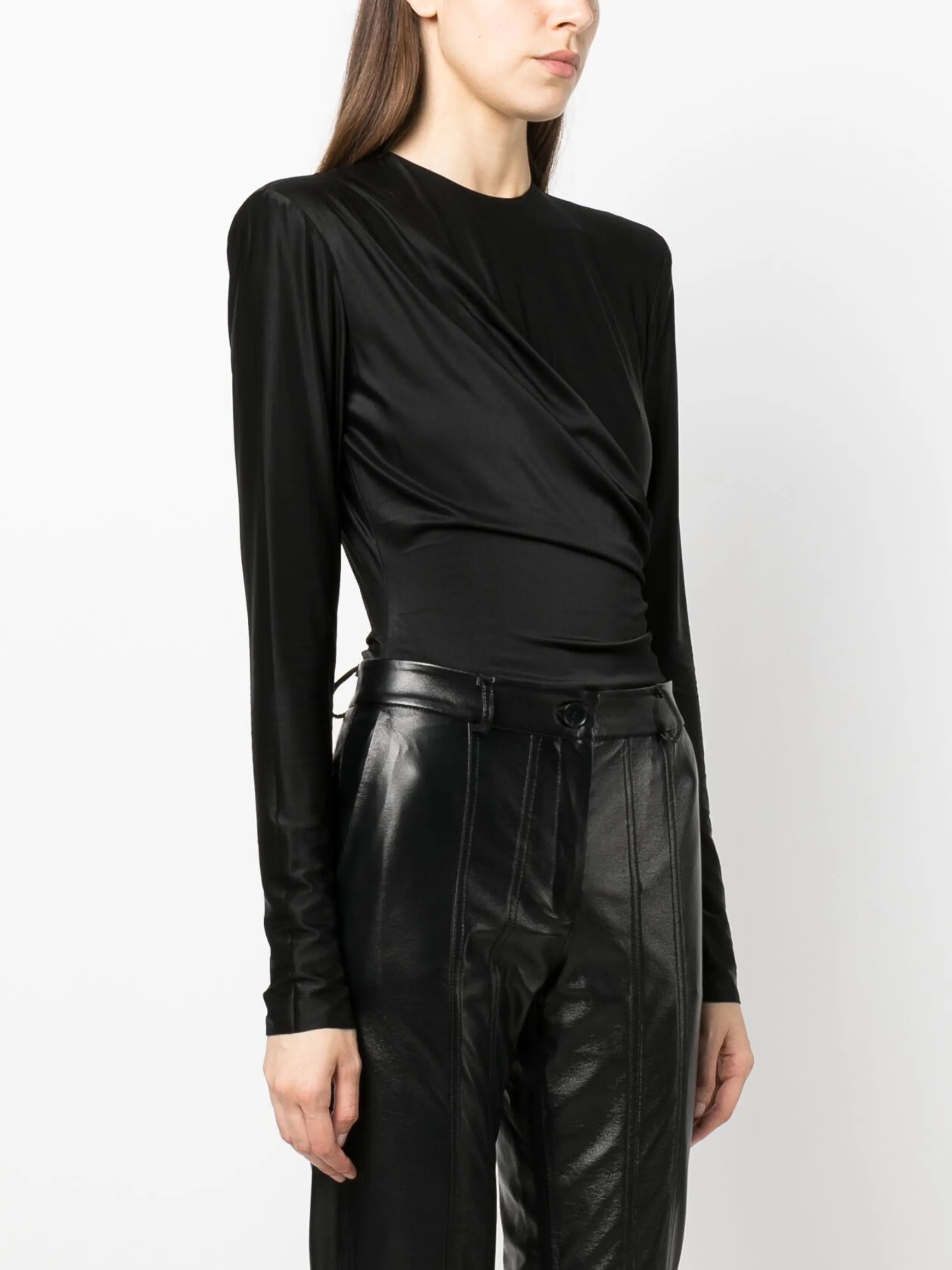 draped satin long-sleeve bodysuit