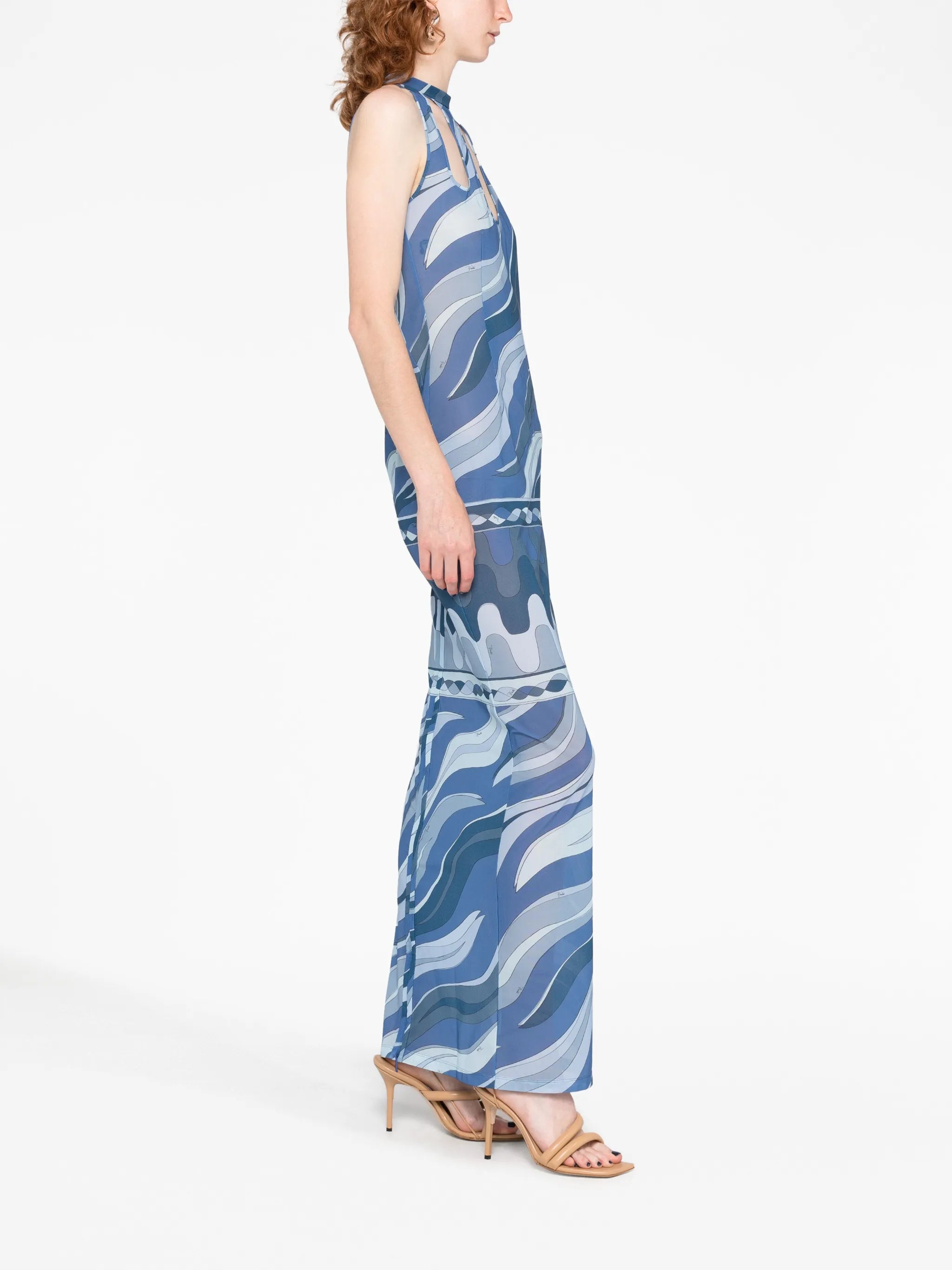 swirl-print cut-out mesh dress
