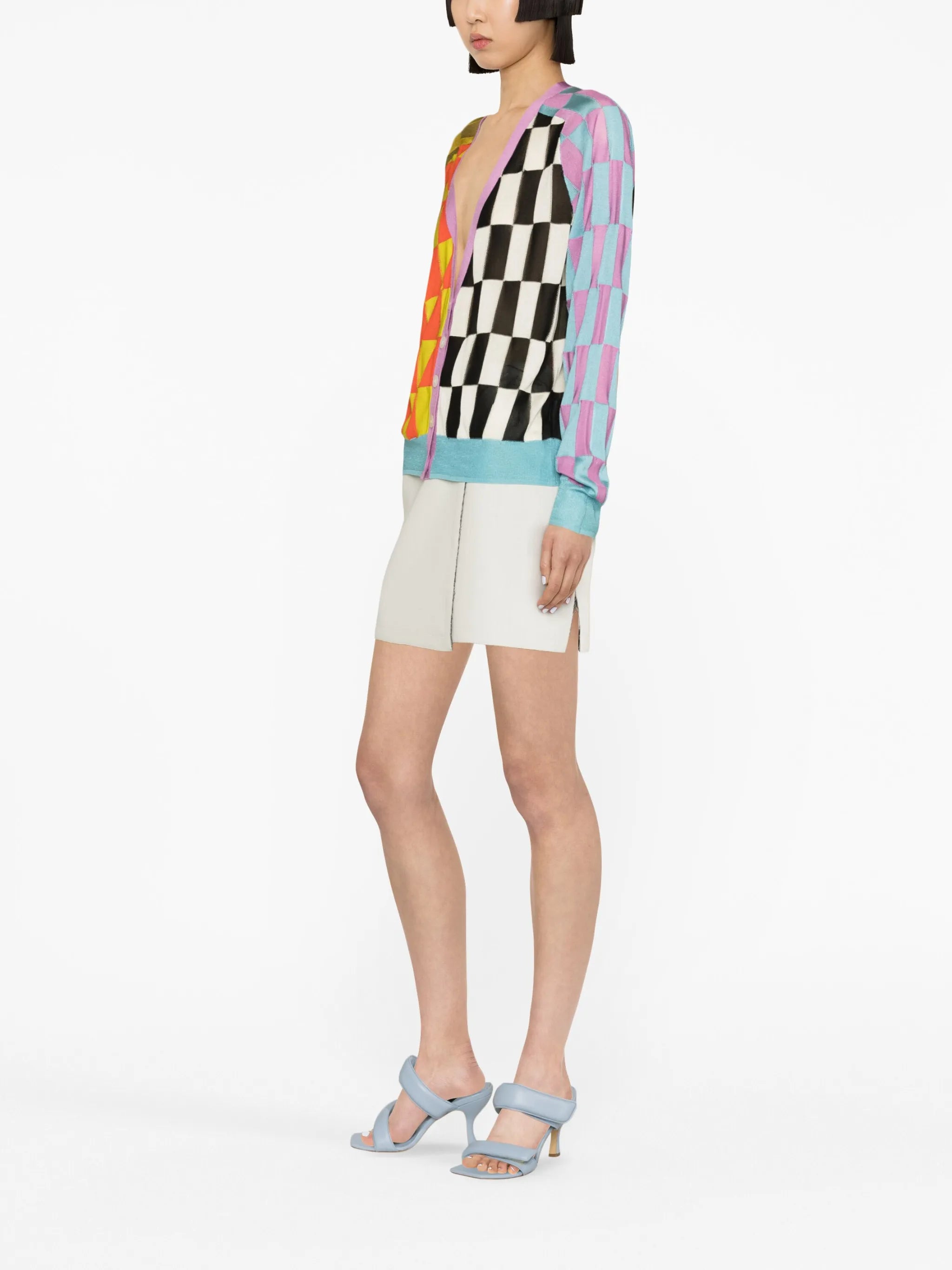 check-pattern V-neck cardigan