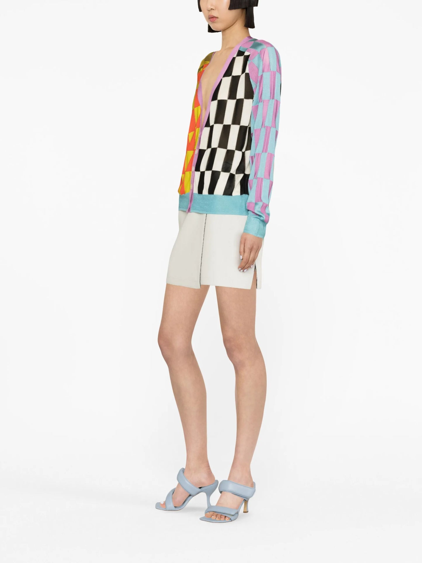 check-pattern V-neck cardigan