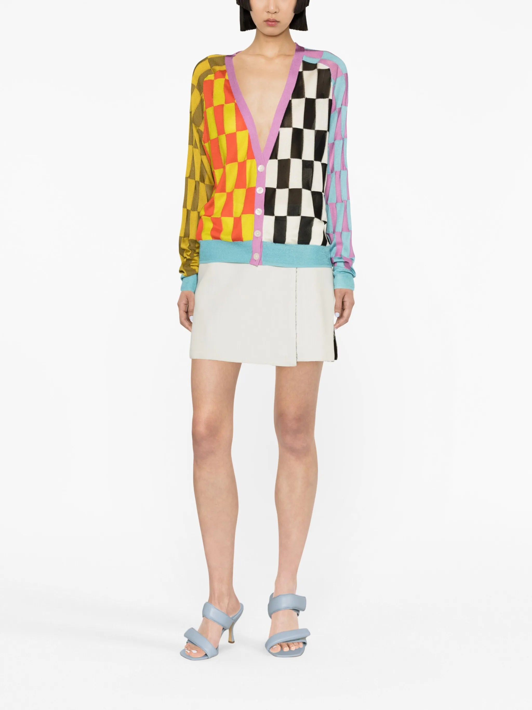 check-pattern V-neck cardigan