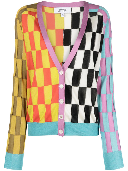 check-pattern V-neck cardigan