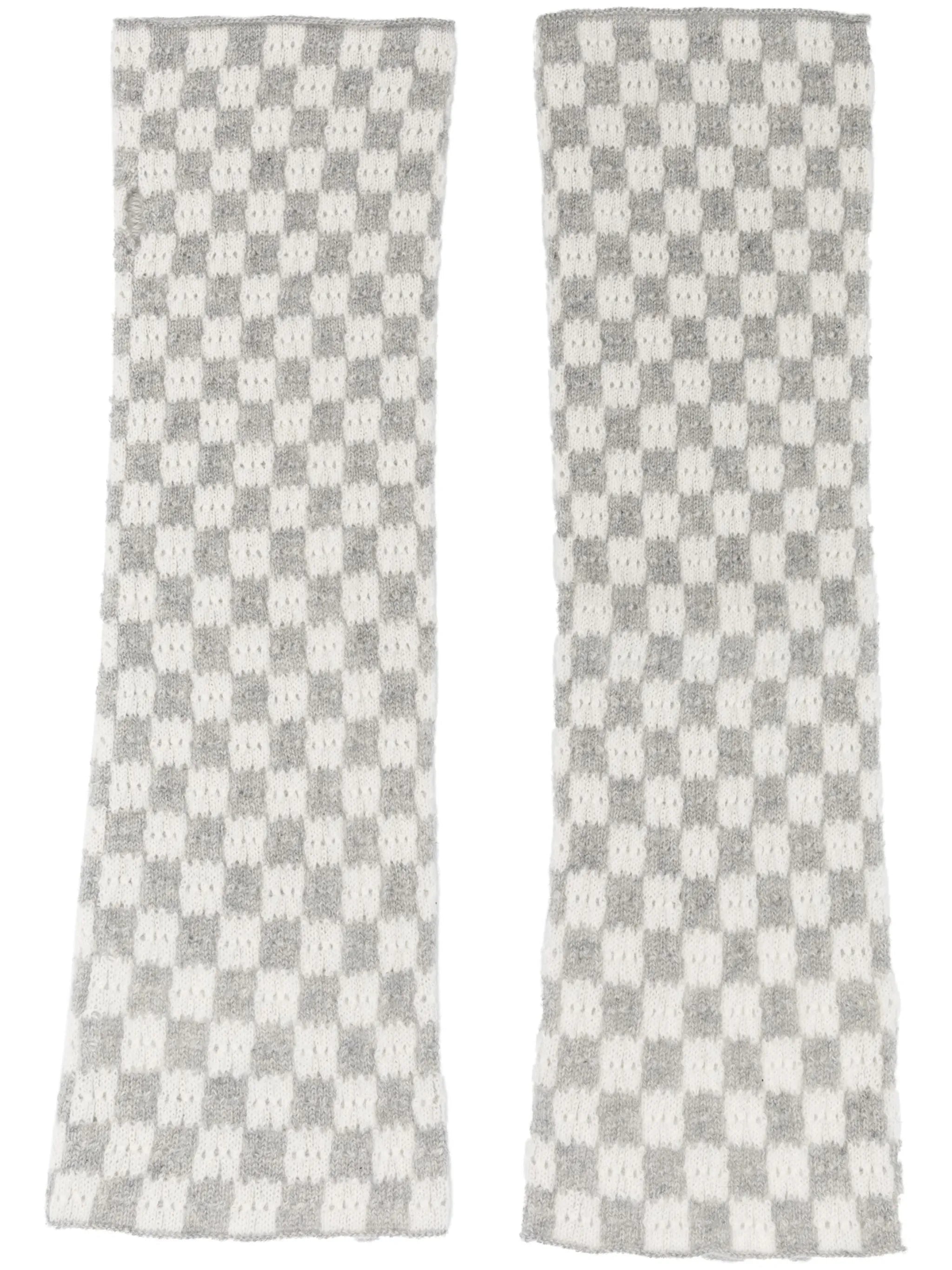plaid-check knit arm warmers