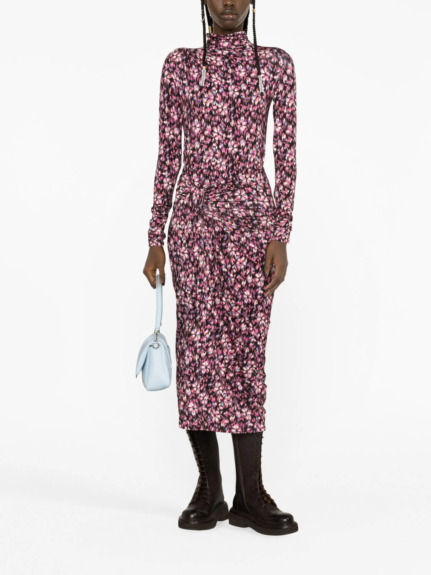 floral-print ruched crepe skirt