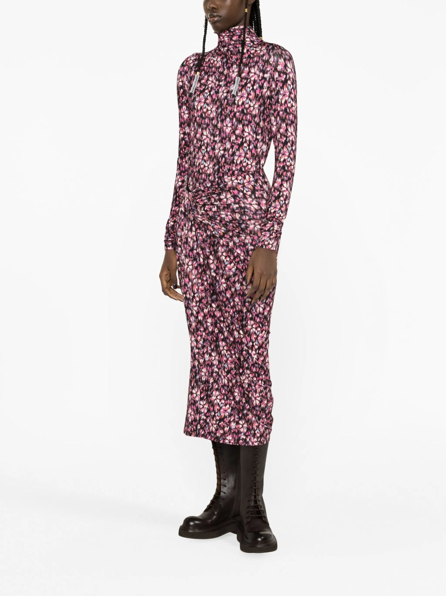 floral-print ruched crepe skirt