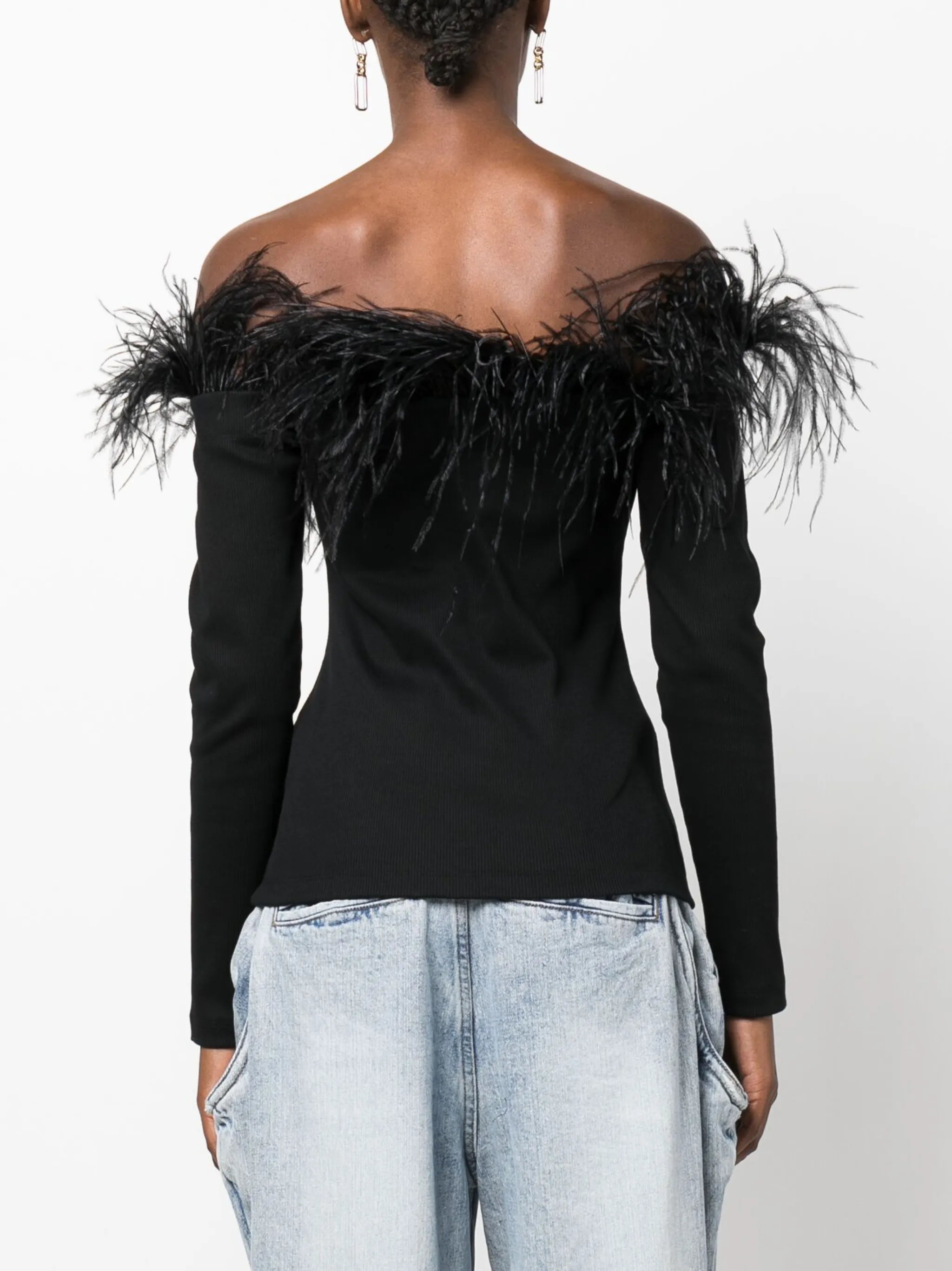 off-shoulder feather-trim top