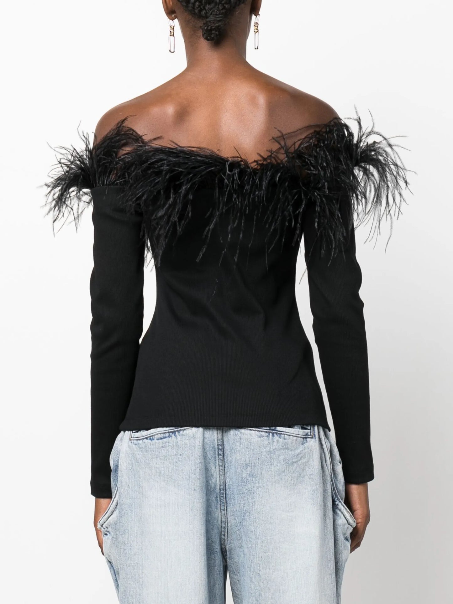 off-shoulder feather-trim top