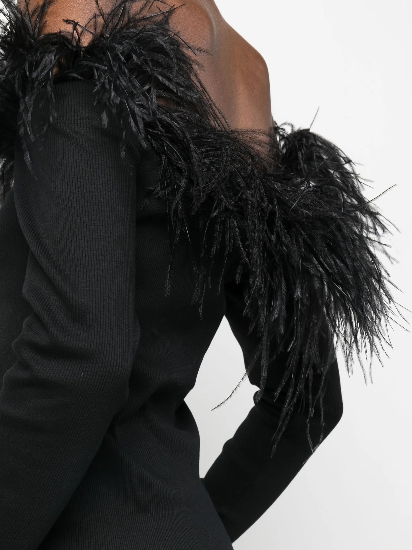 off-shoulder feather-trim top