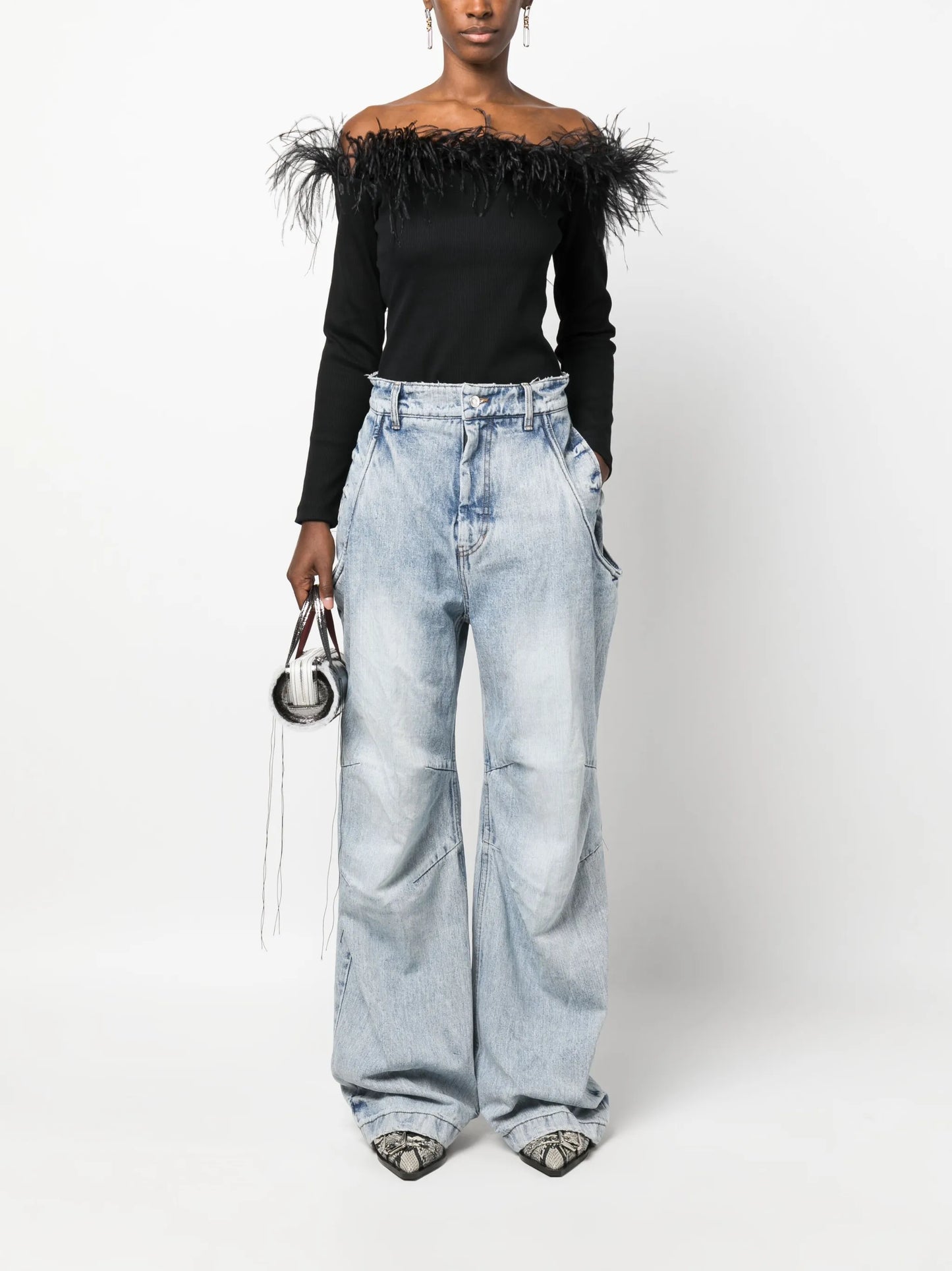 off-shoulder feather-trim top
