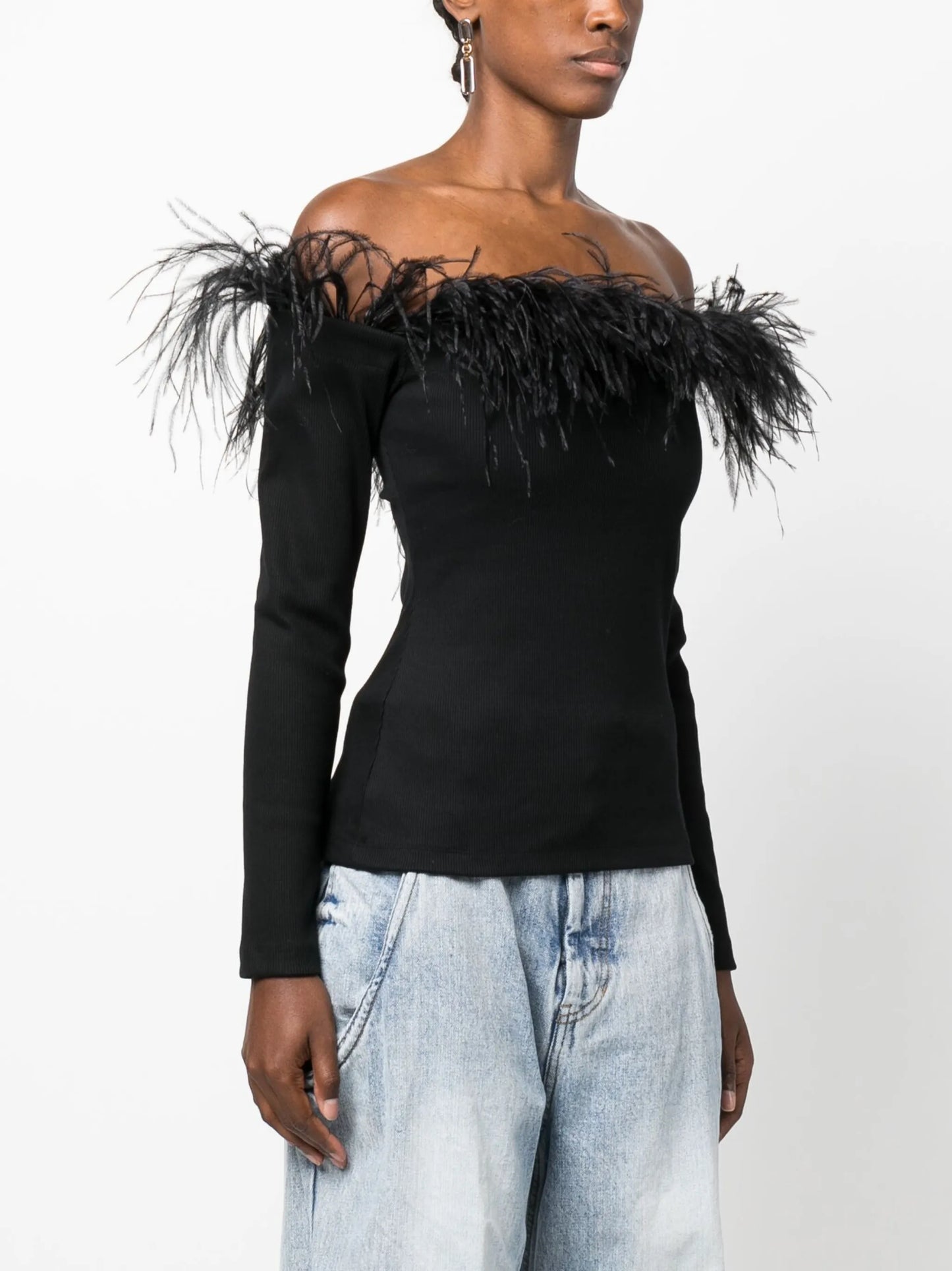 off-shoulder feather-trim top