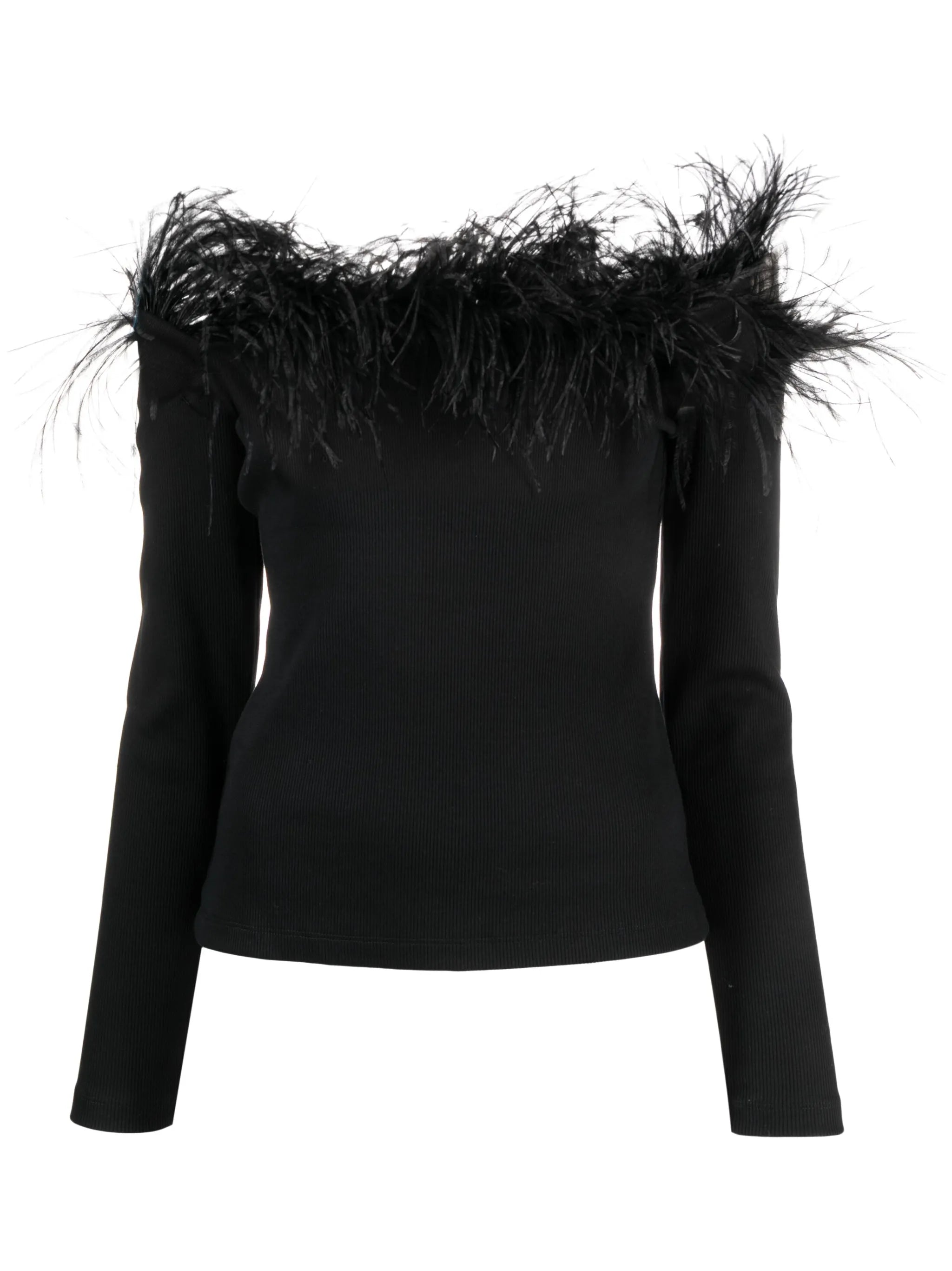 off-shoulder feather-trim top