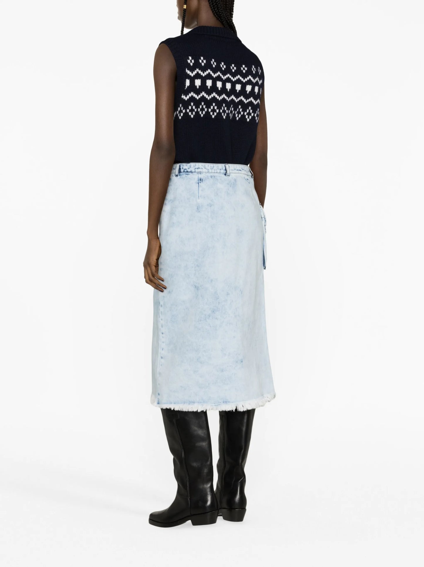 acid-wash denim midi skirt