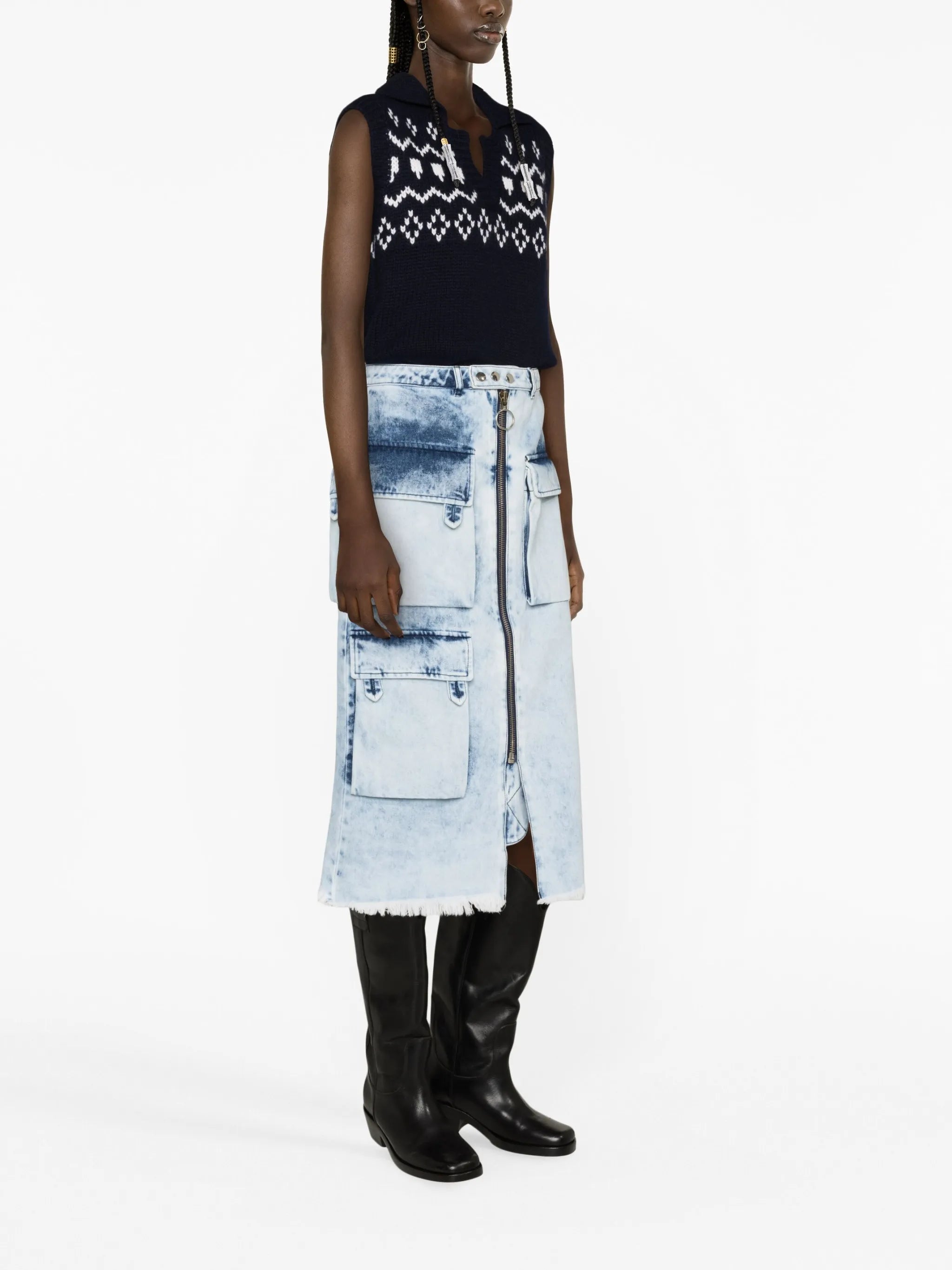 acid-wash denim midi skirt