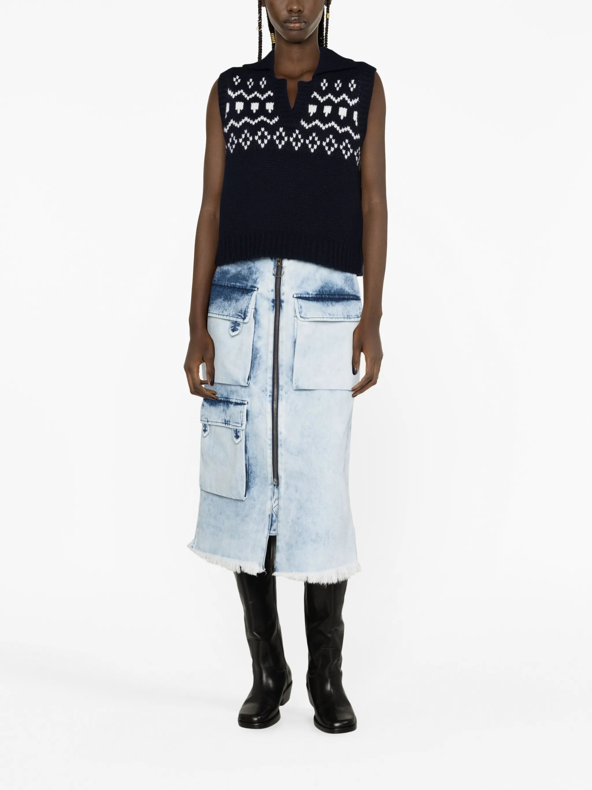 acid-wash denim midi skirt