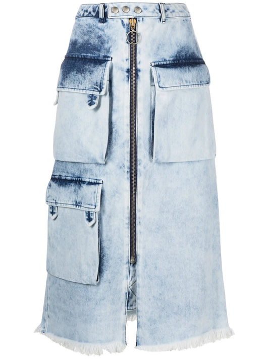 acid-wash denim midi skirt