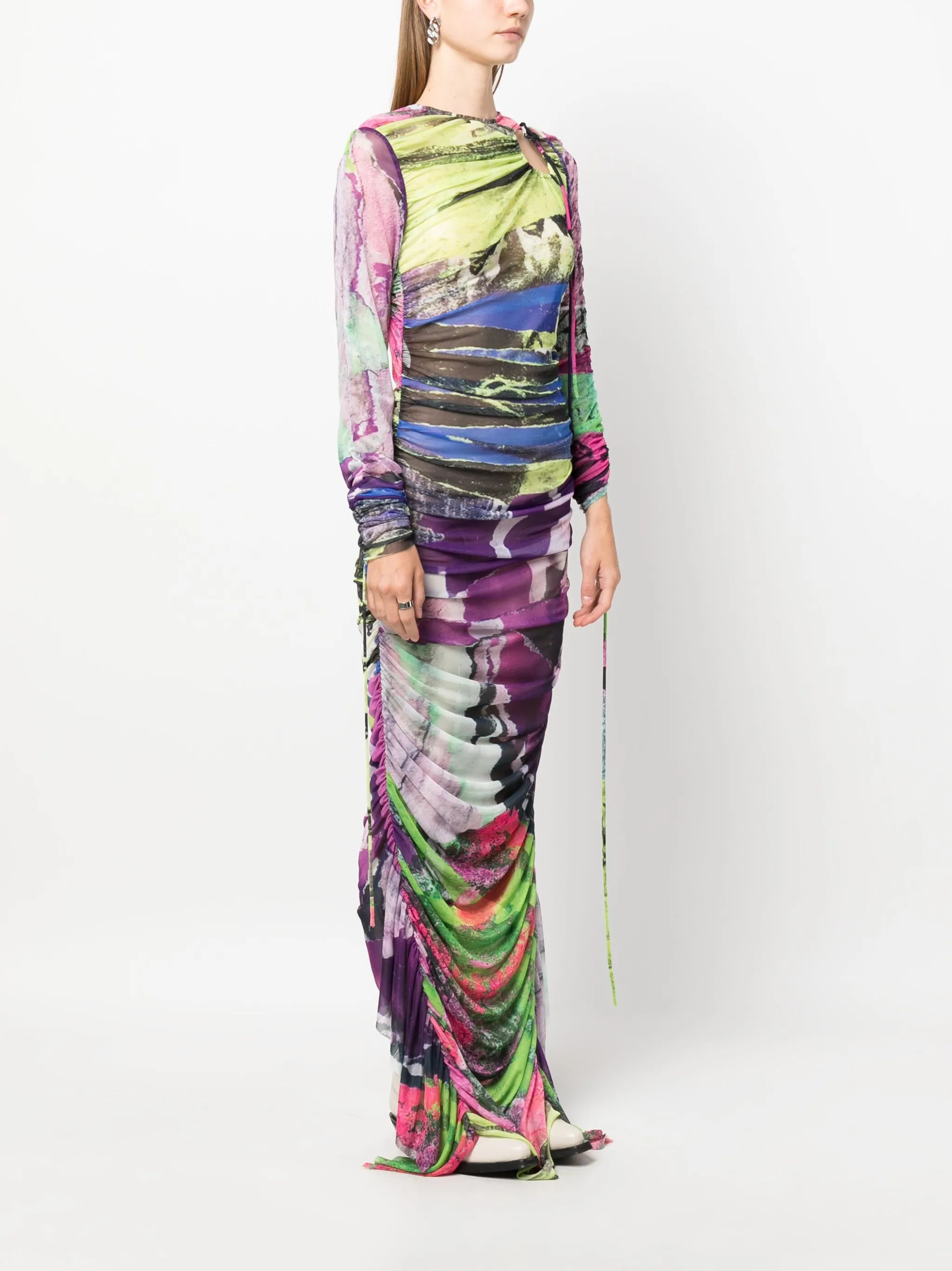 Graffiti-print ruched mesh dress