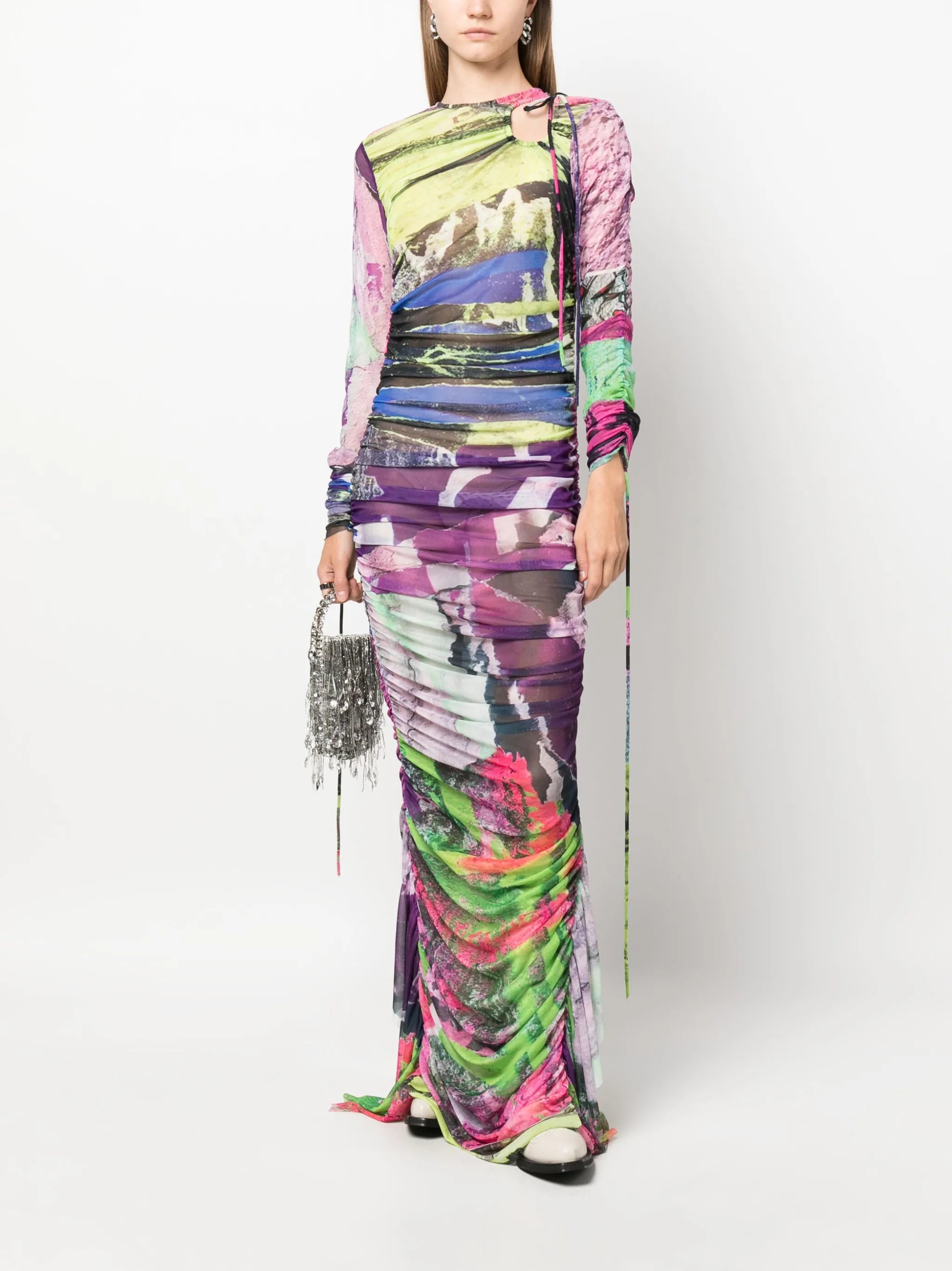 Graffiti-print ruched mesh dress