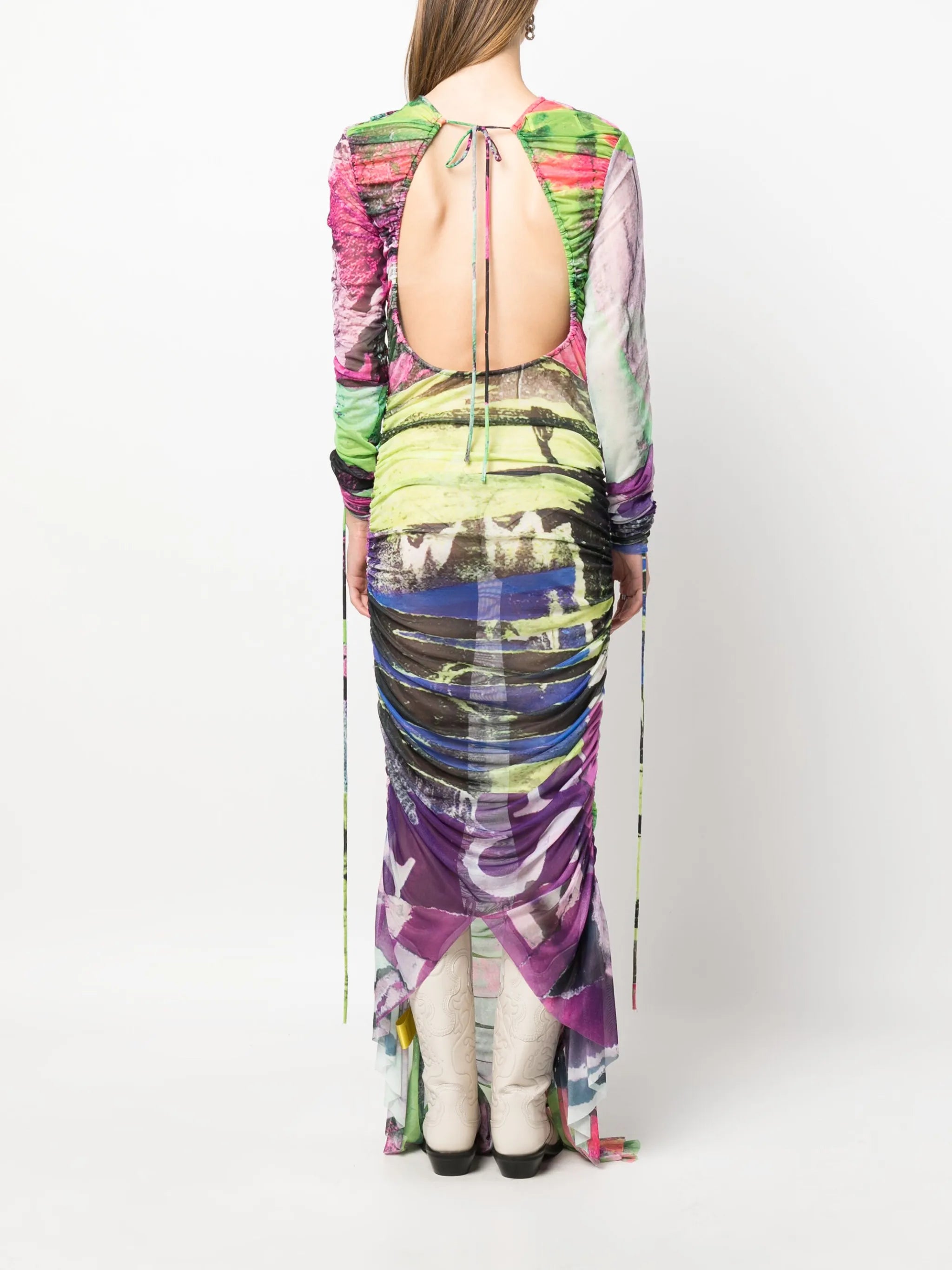 Graffiti-print ruched mesh dress