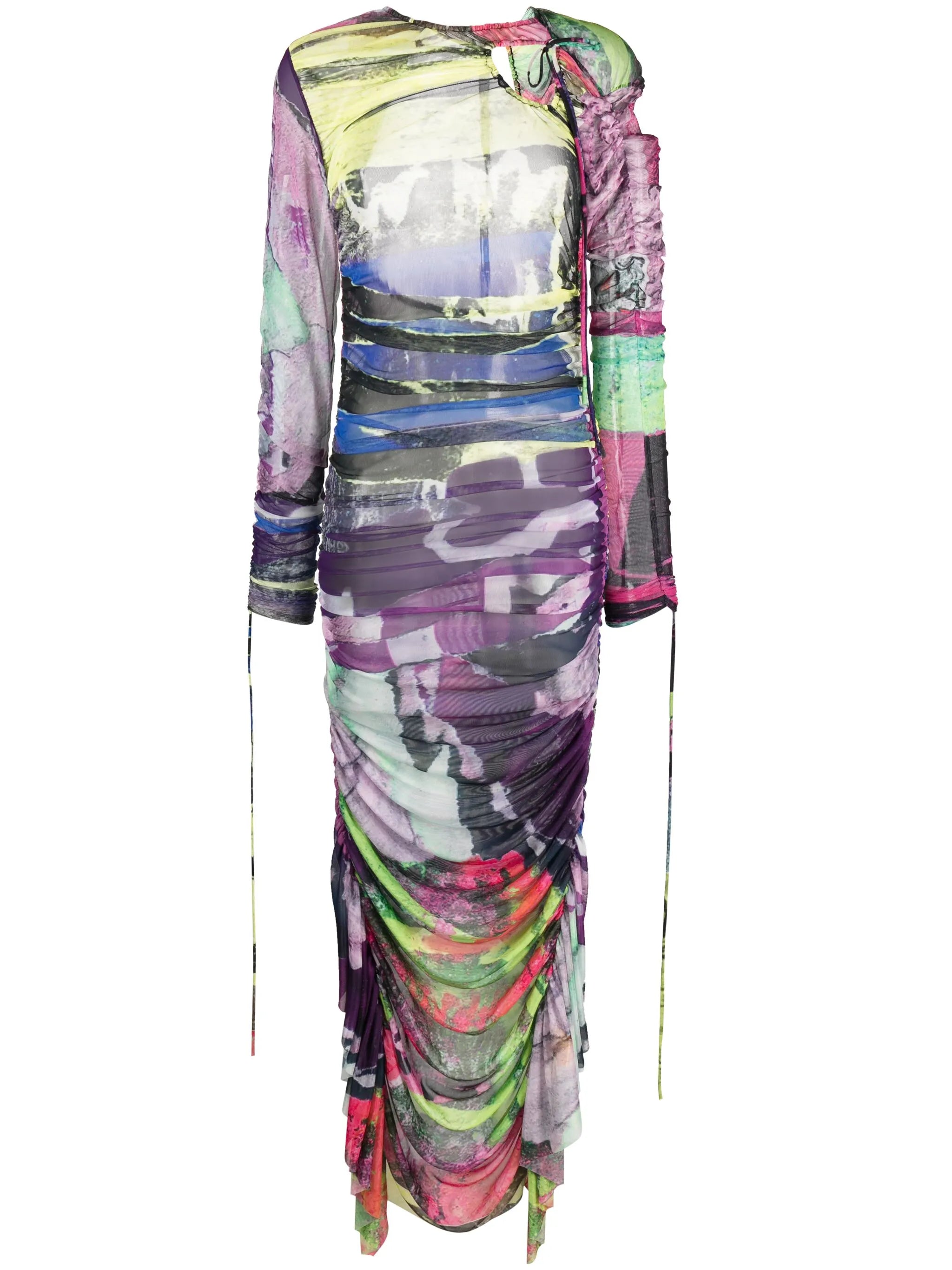 Graffiti-print ruched mesh dress