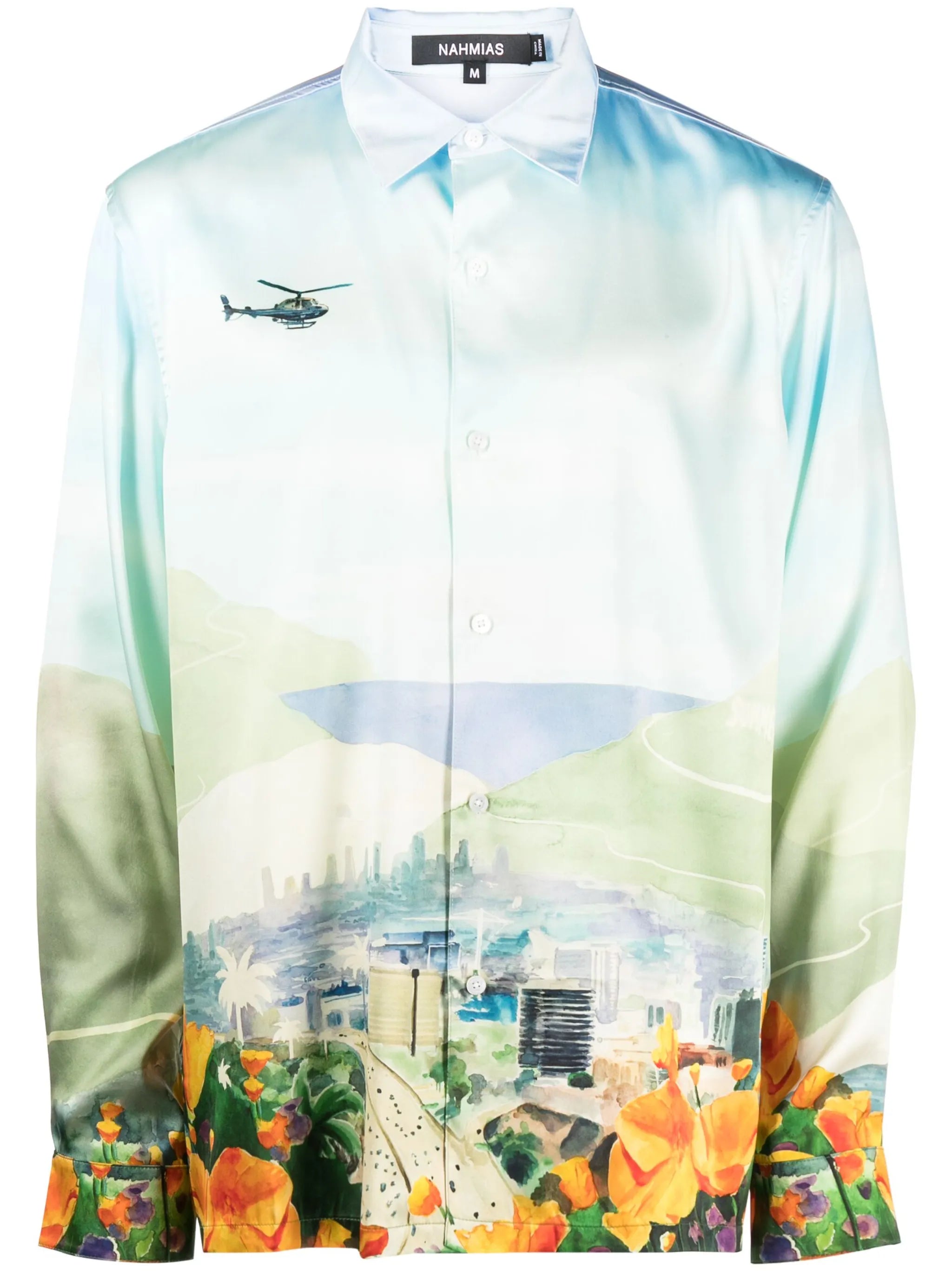 Helicopter Landscape-print stretch-silk shirt