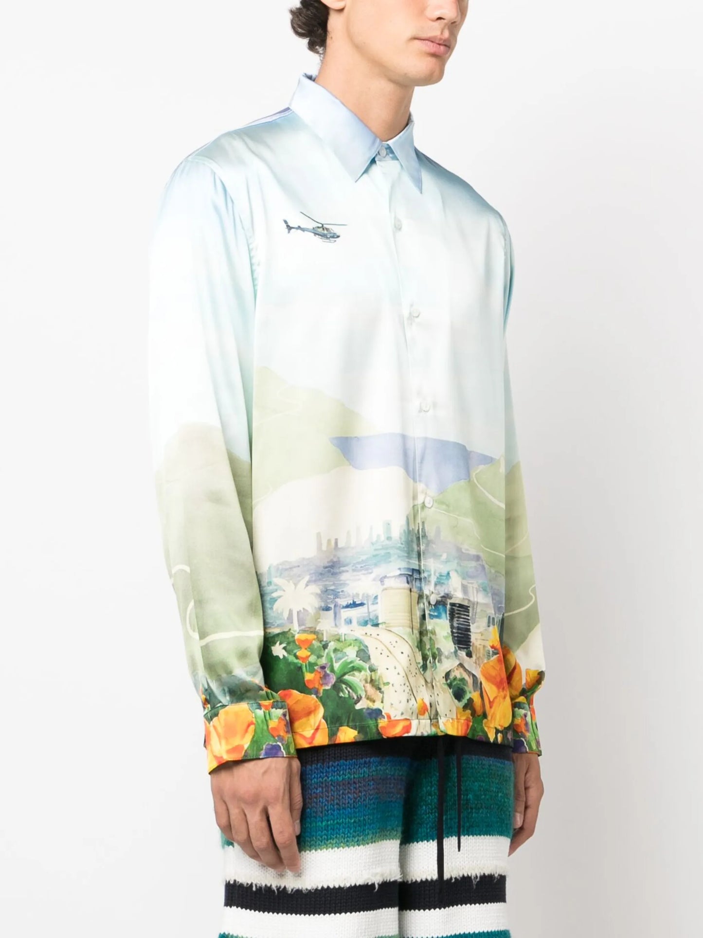 Helicopter Landscape-print stretch-silk shirt
