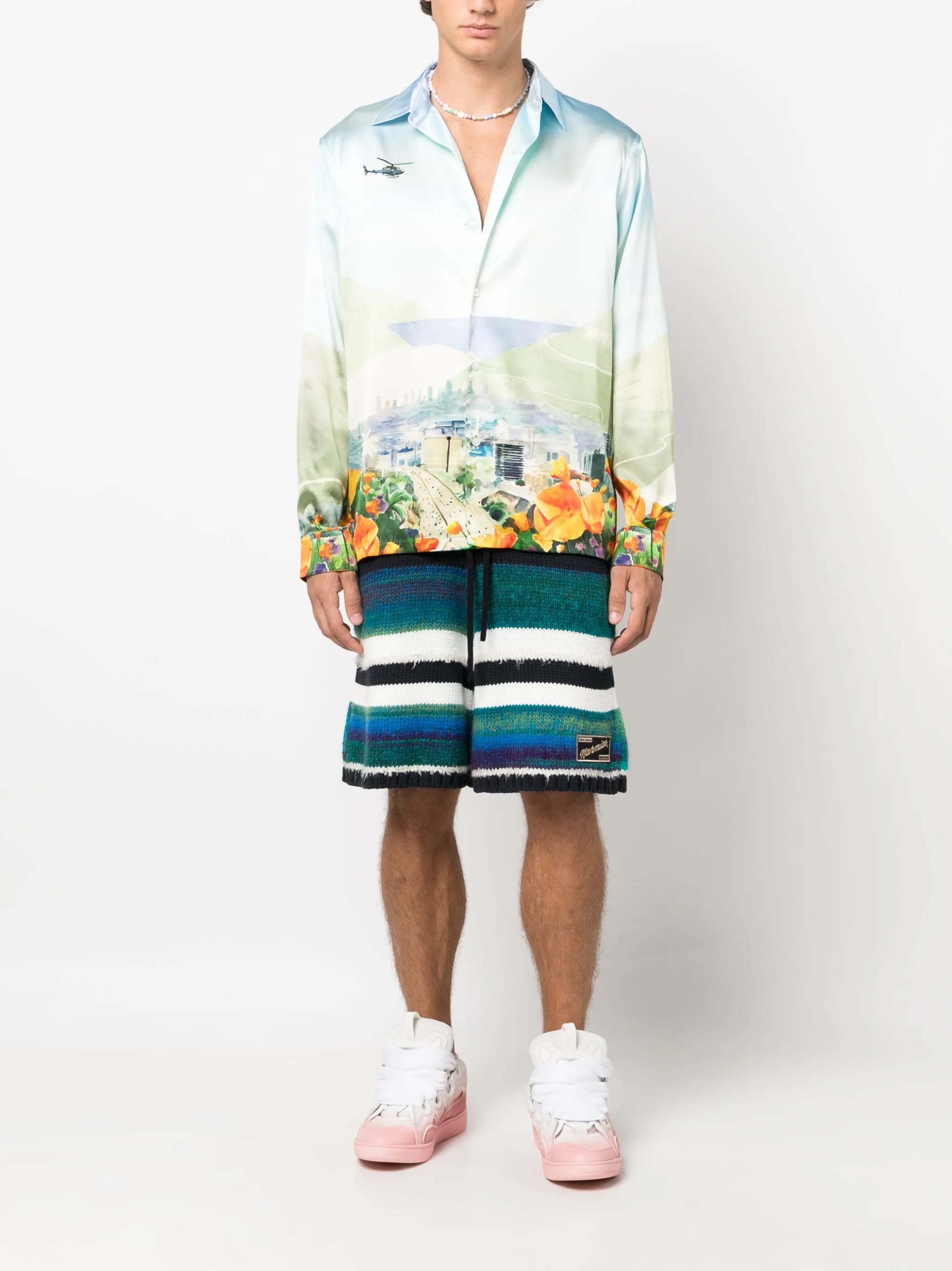 Helicopter Landscape-print stretch-silk shirt