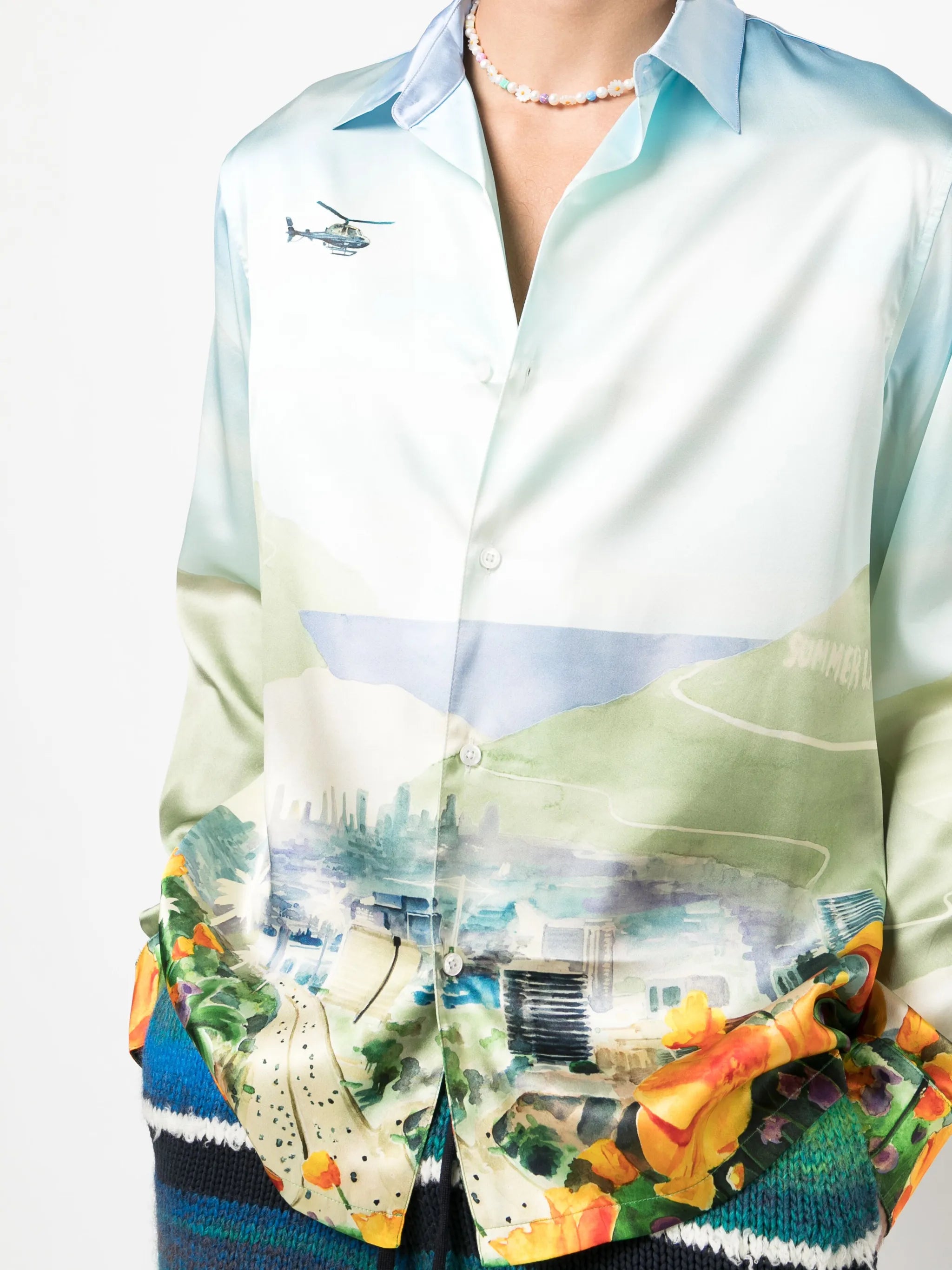 Helicopter Landscape-print stretch-silk shirt