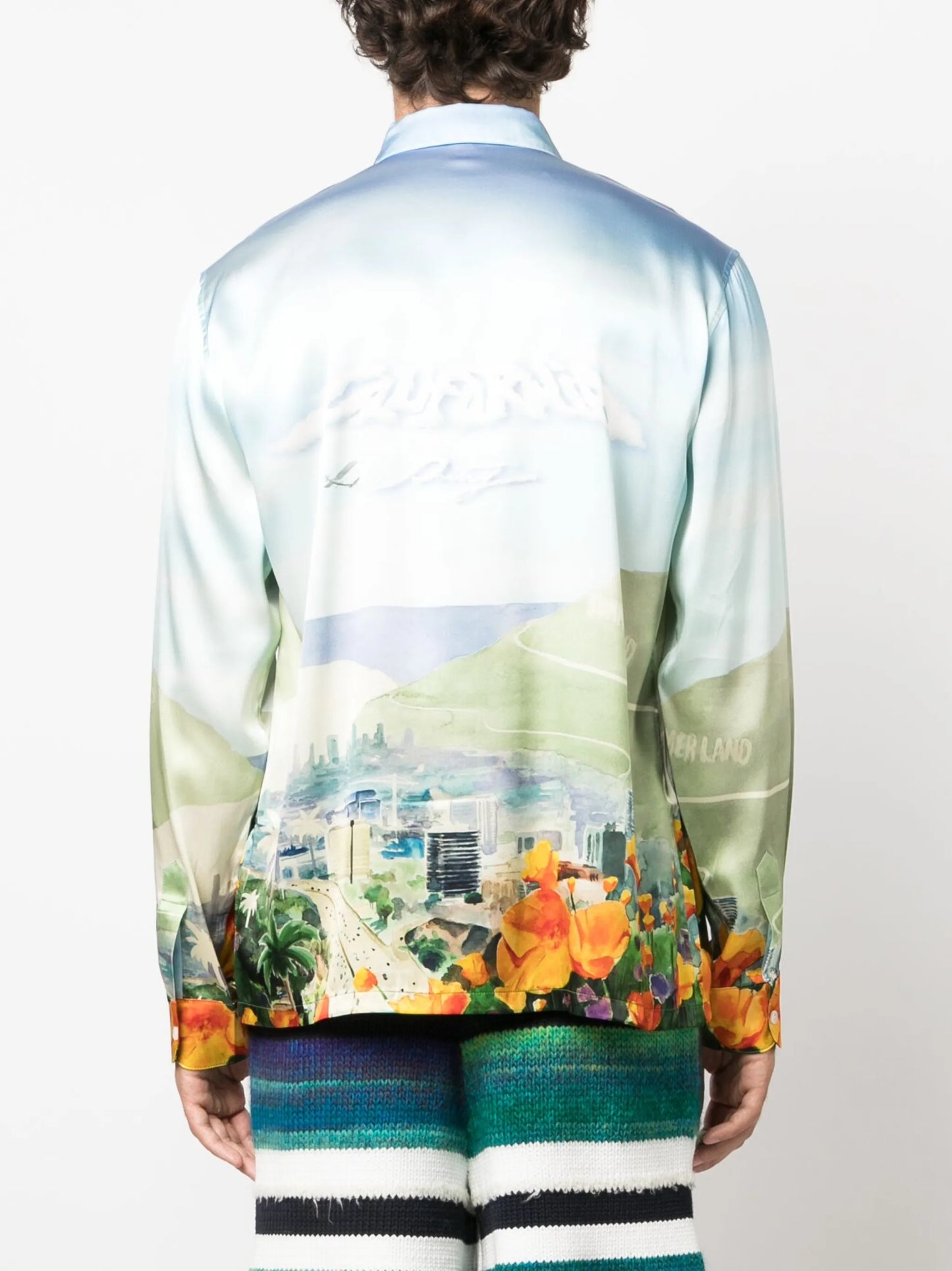 Helicopter Landscape-print stretch-silk shirt