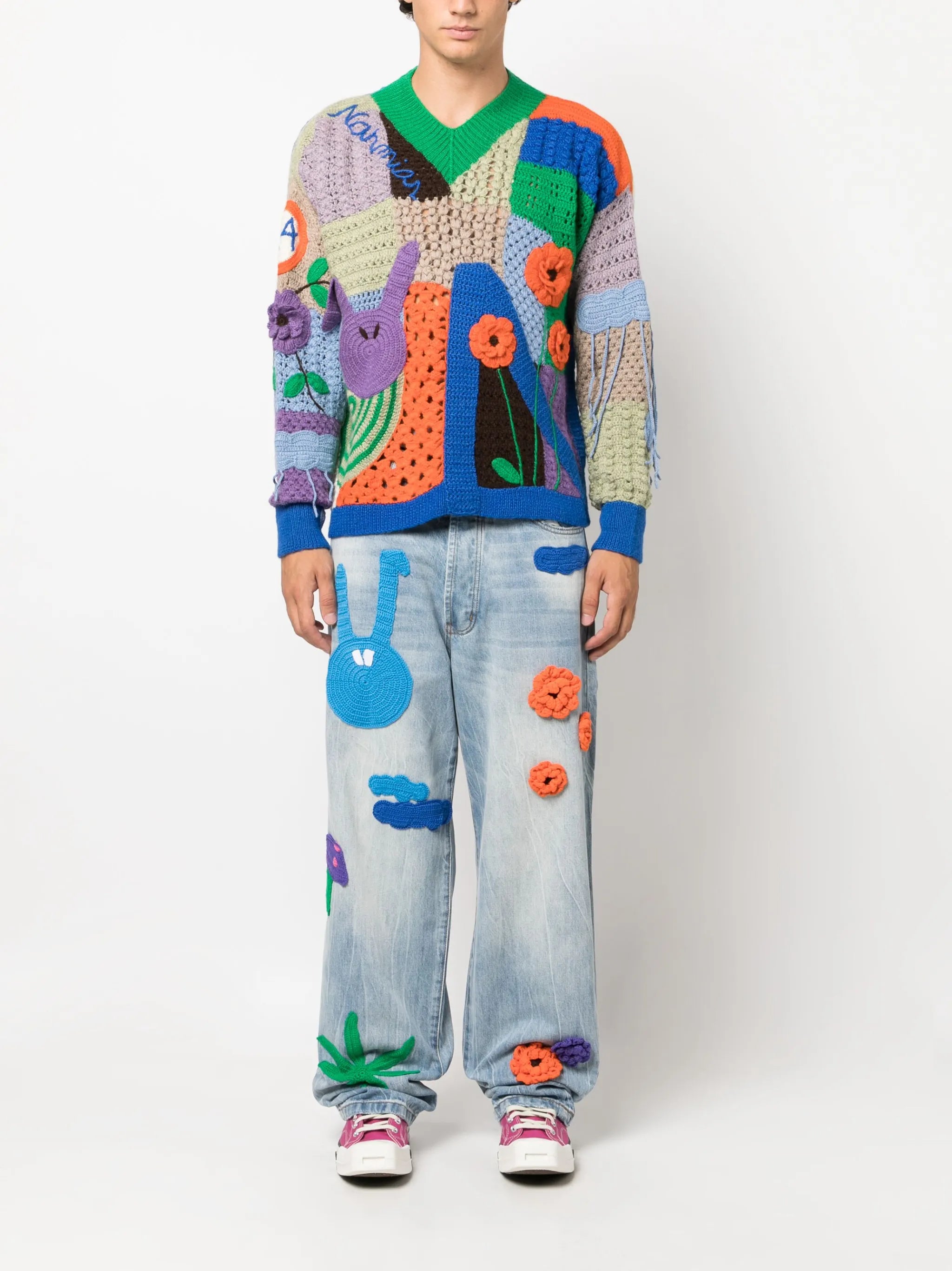 knit-patches wide-leg jeans