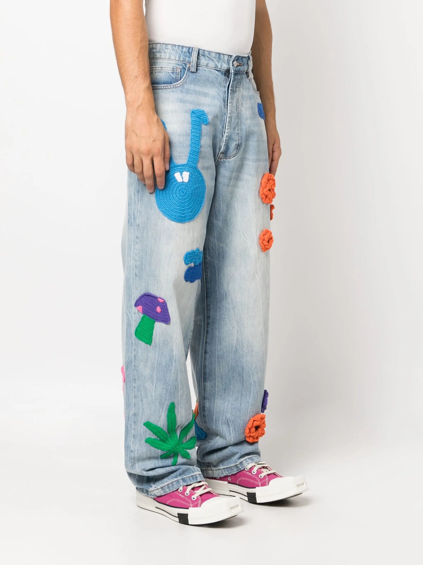 knit-patches wide-leg jeans