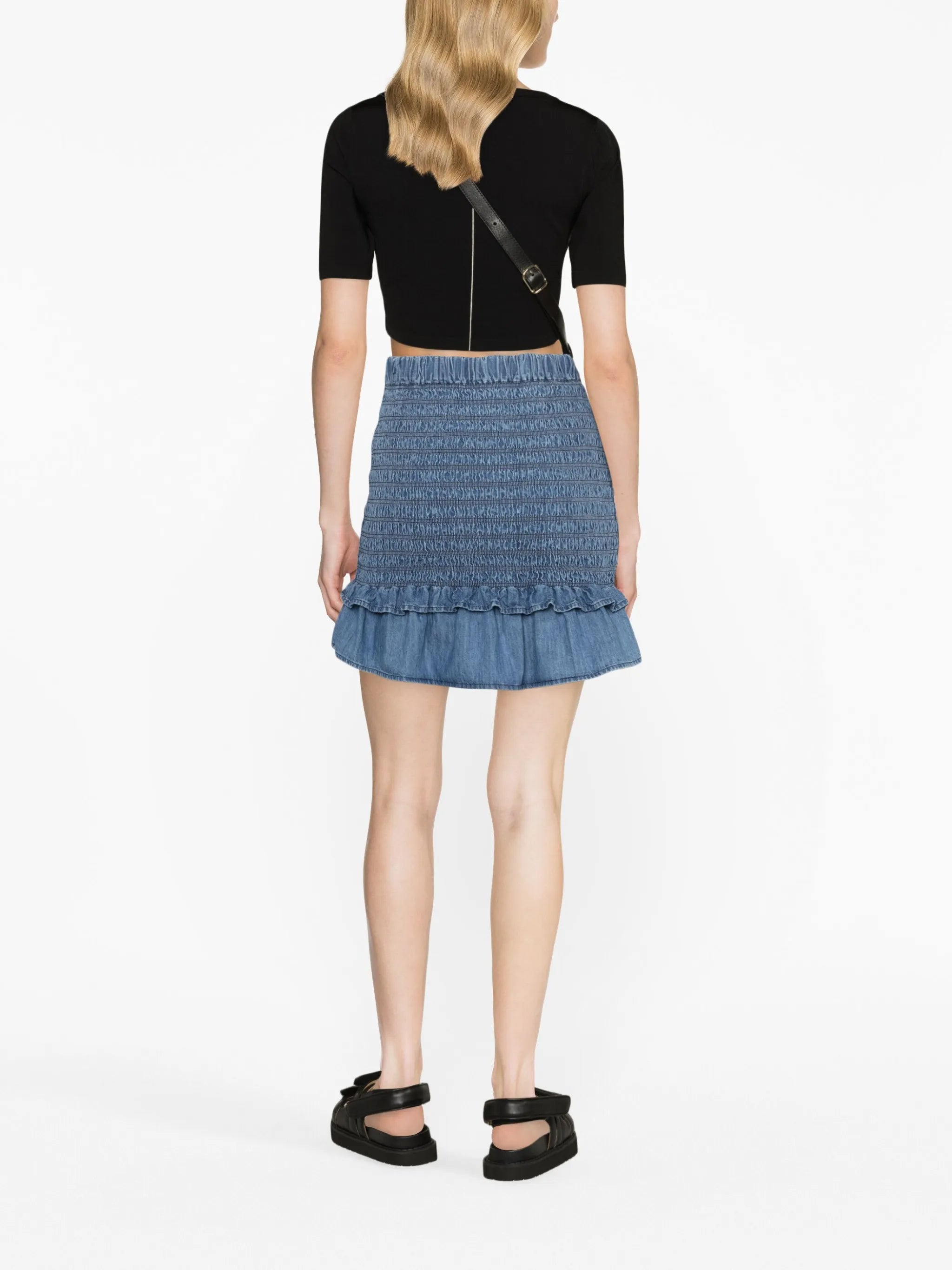 smocked denim miniskirt