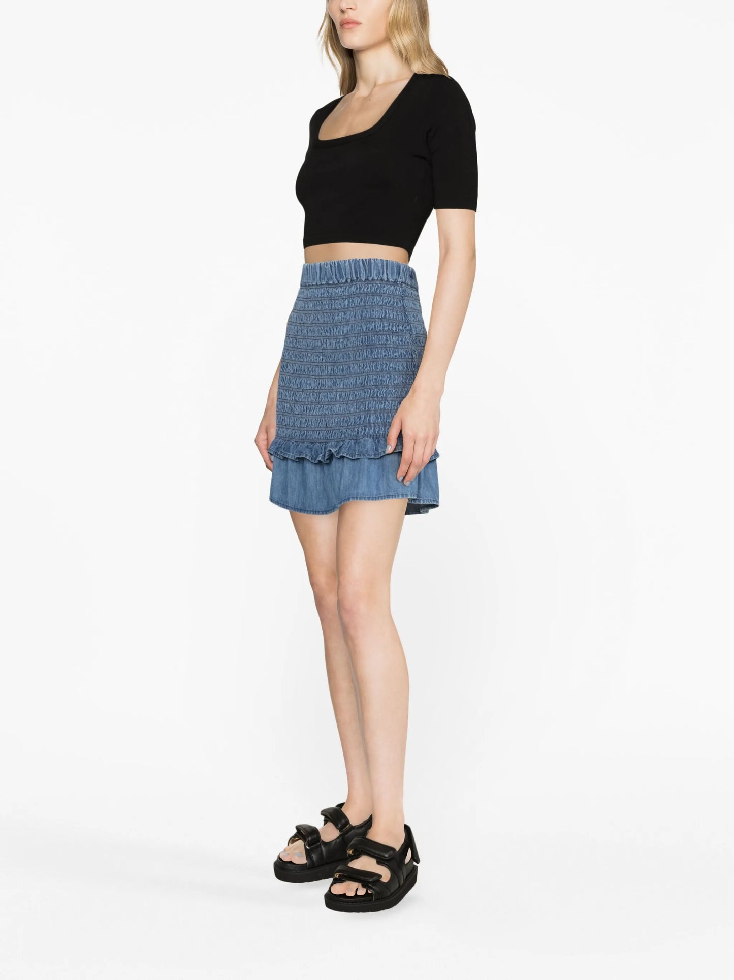 smocked denim miniskirt