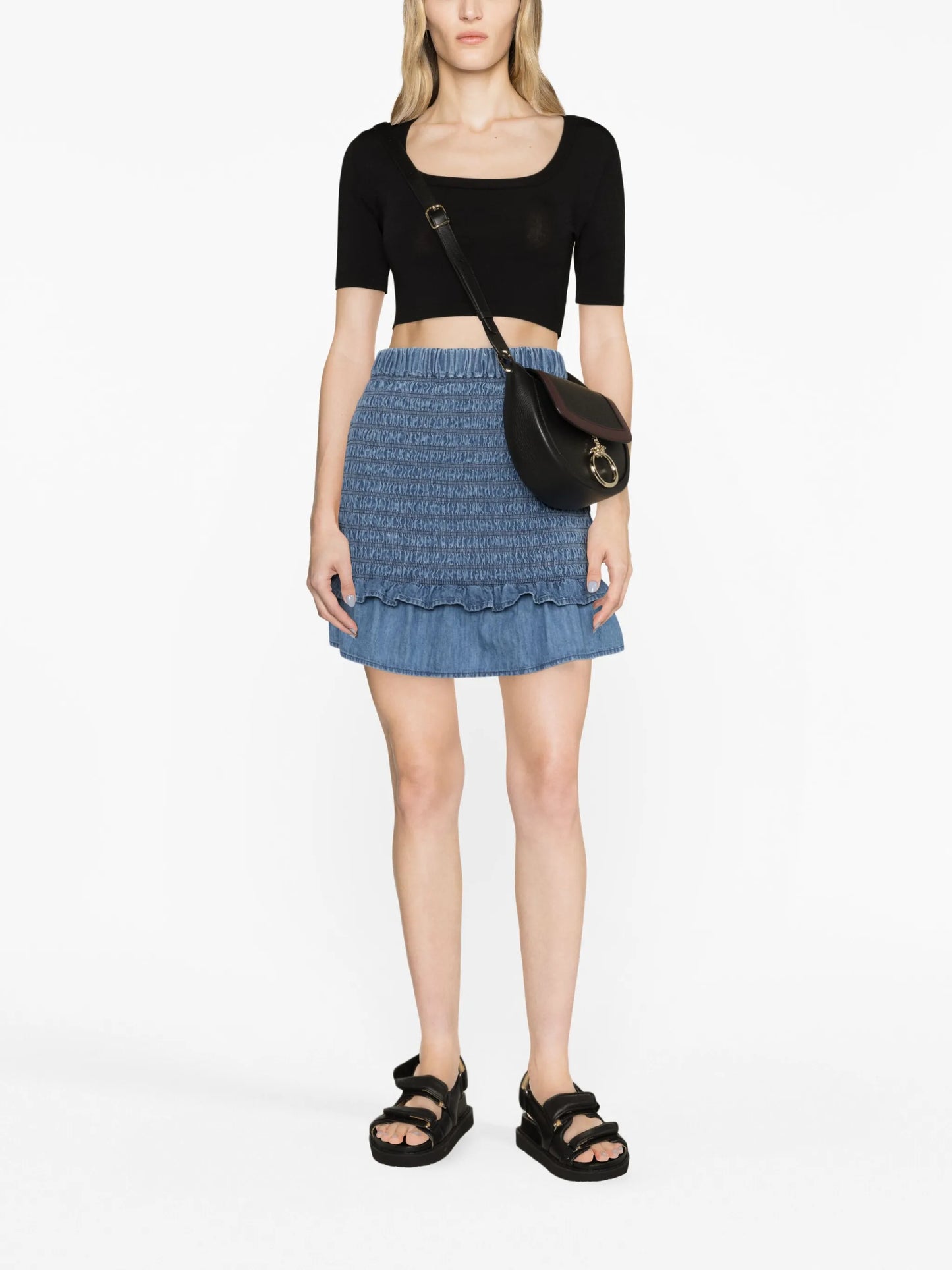 smocked denim miniskirt
