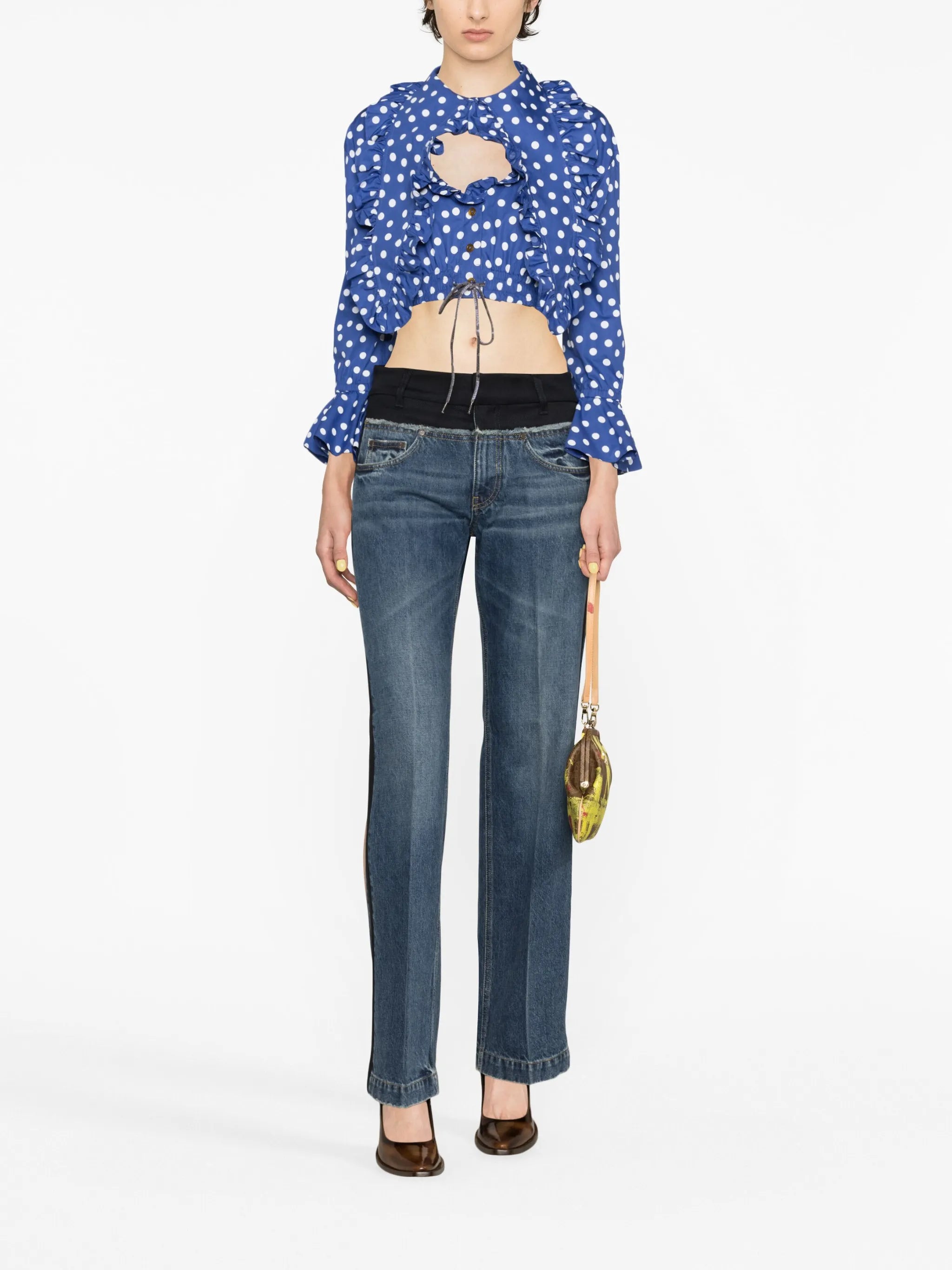 ruffled polka-dot cropped blouse