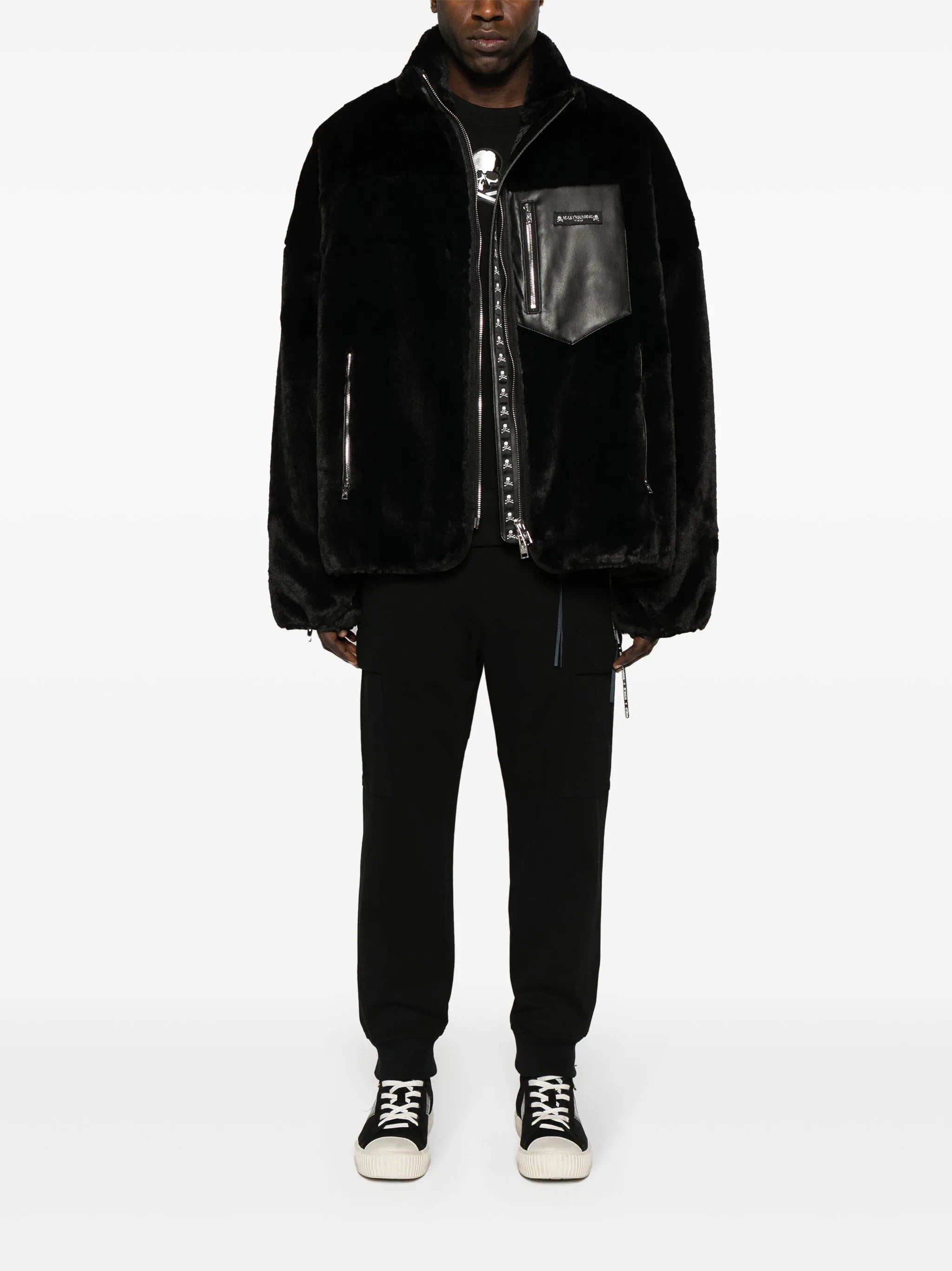 chest-pocket faux-fur jacket