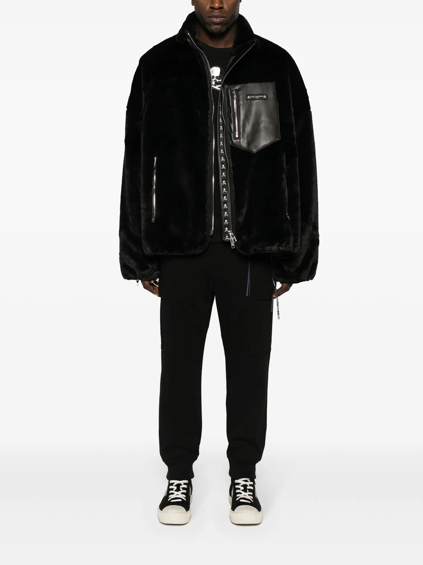 chest-pocket faux-fur jacket