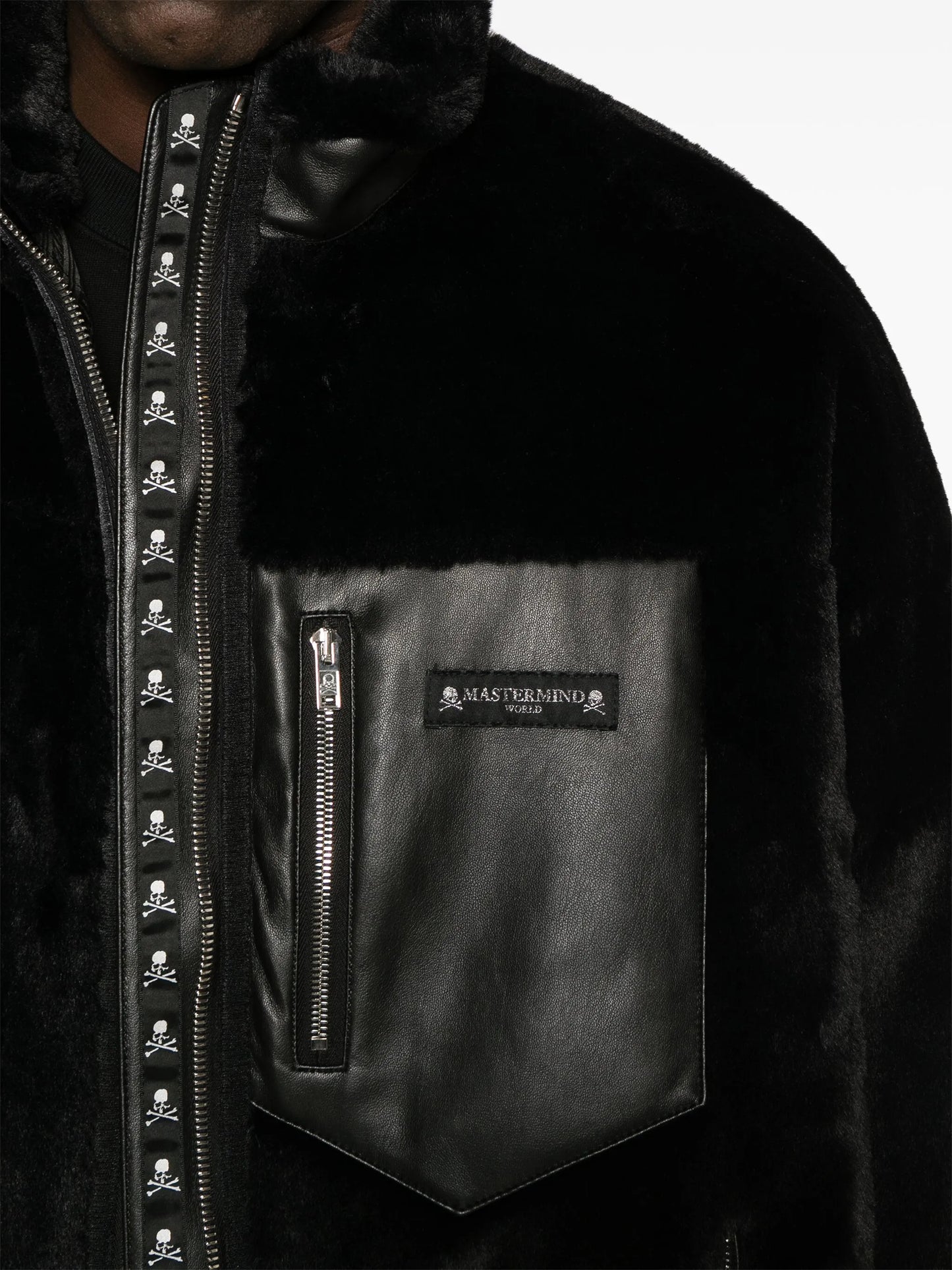 chest-pocket faux-fur jacket