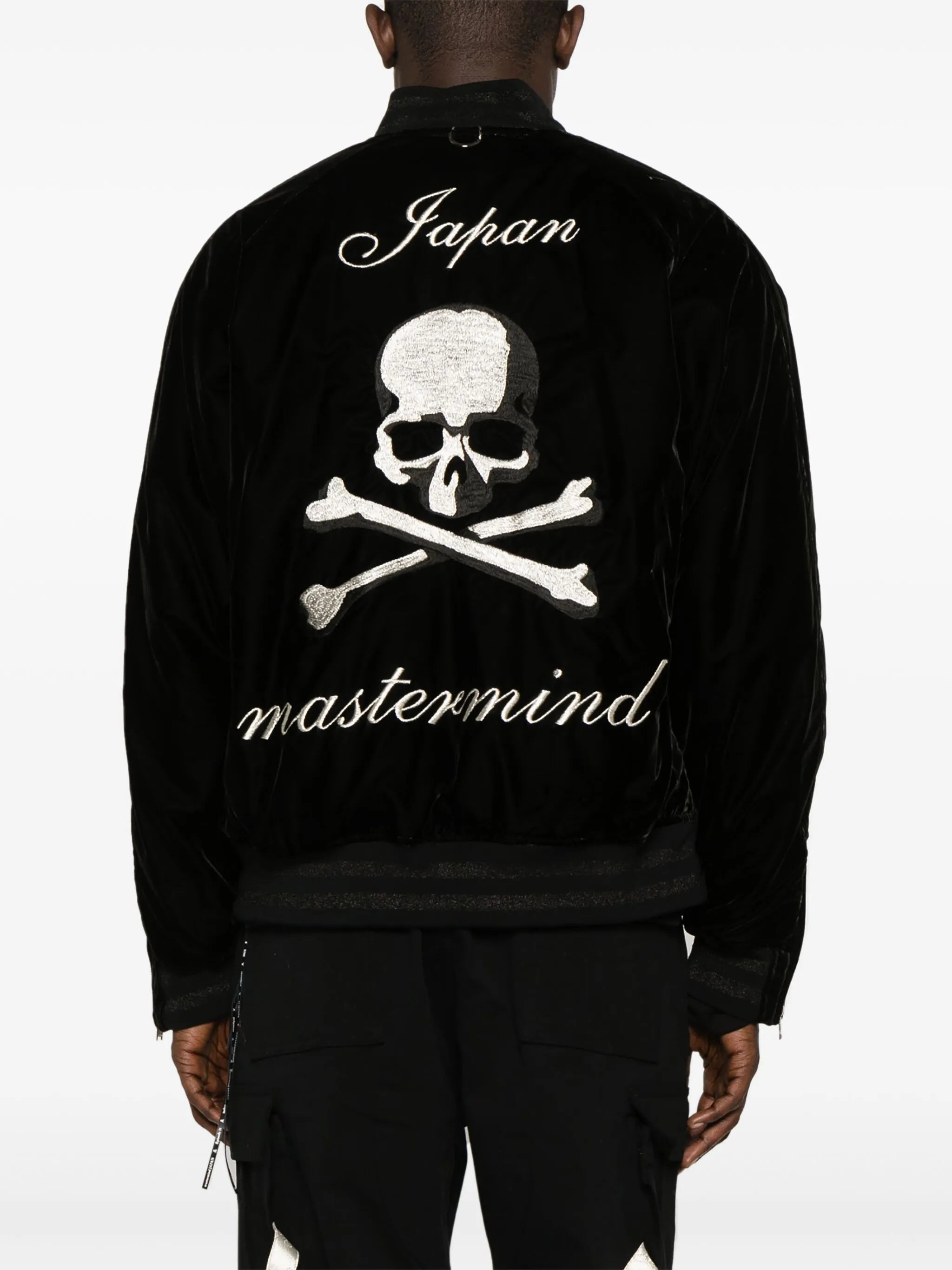 skill-embroidered velour bomber jacket