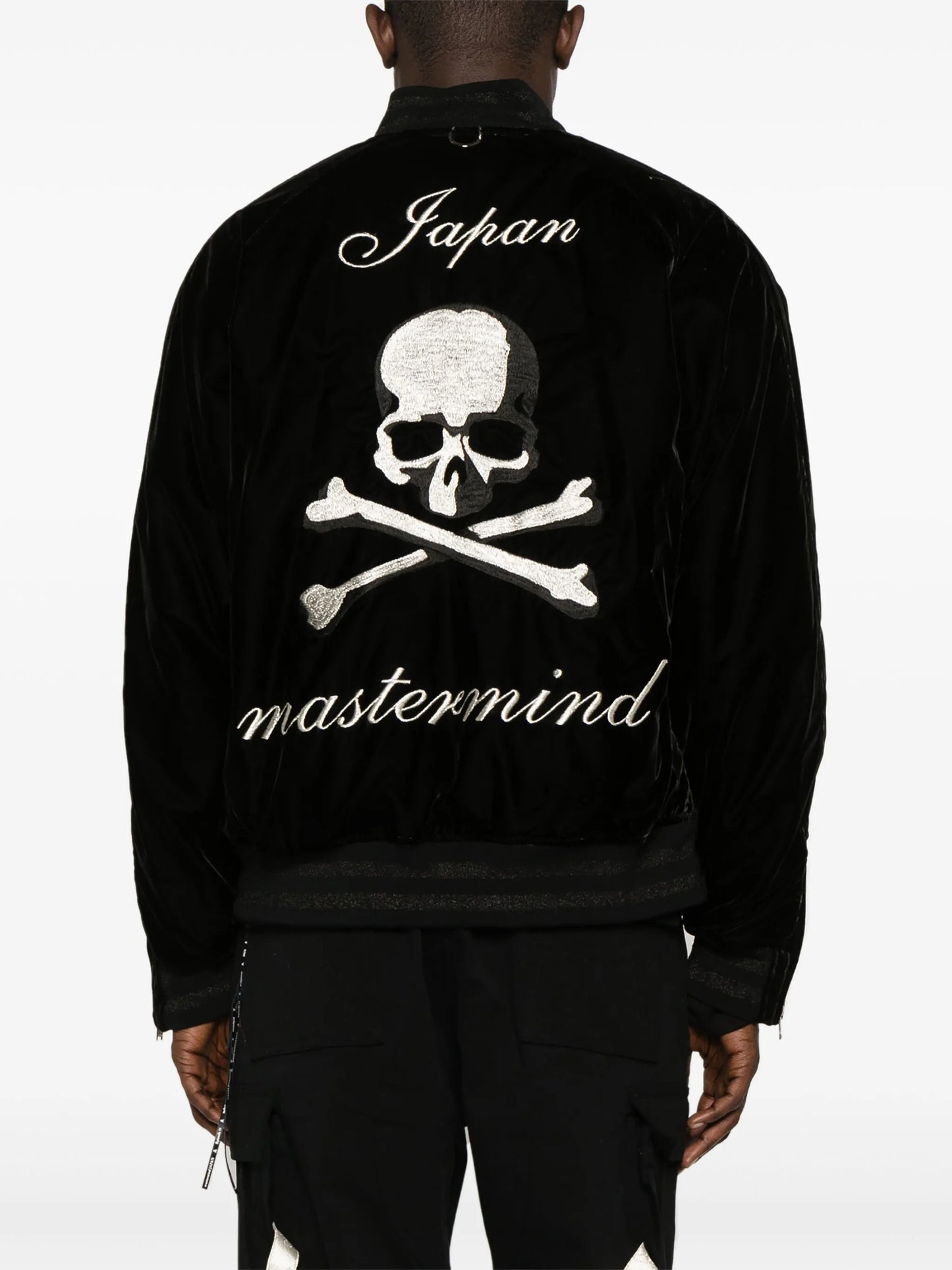 skill-embroidered velour bomber jacket