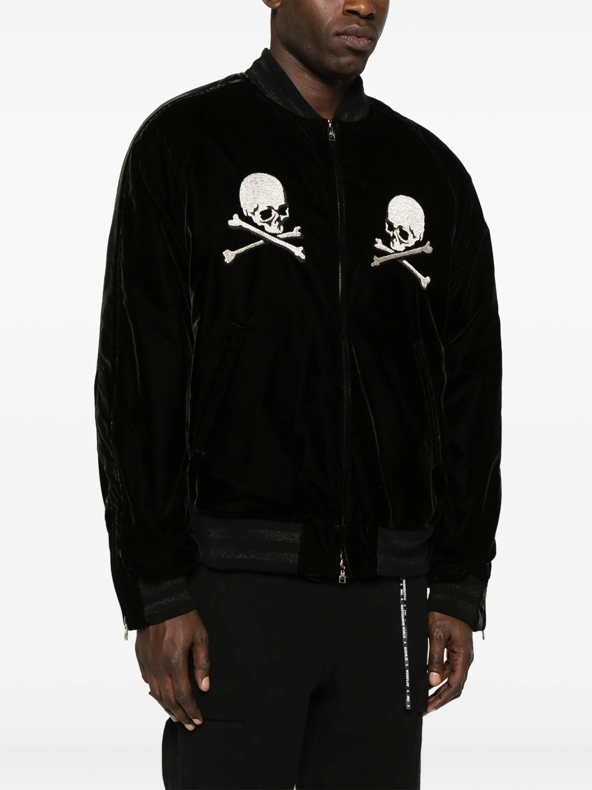 skill-embroidered velour bomber jacket