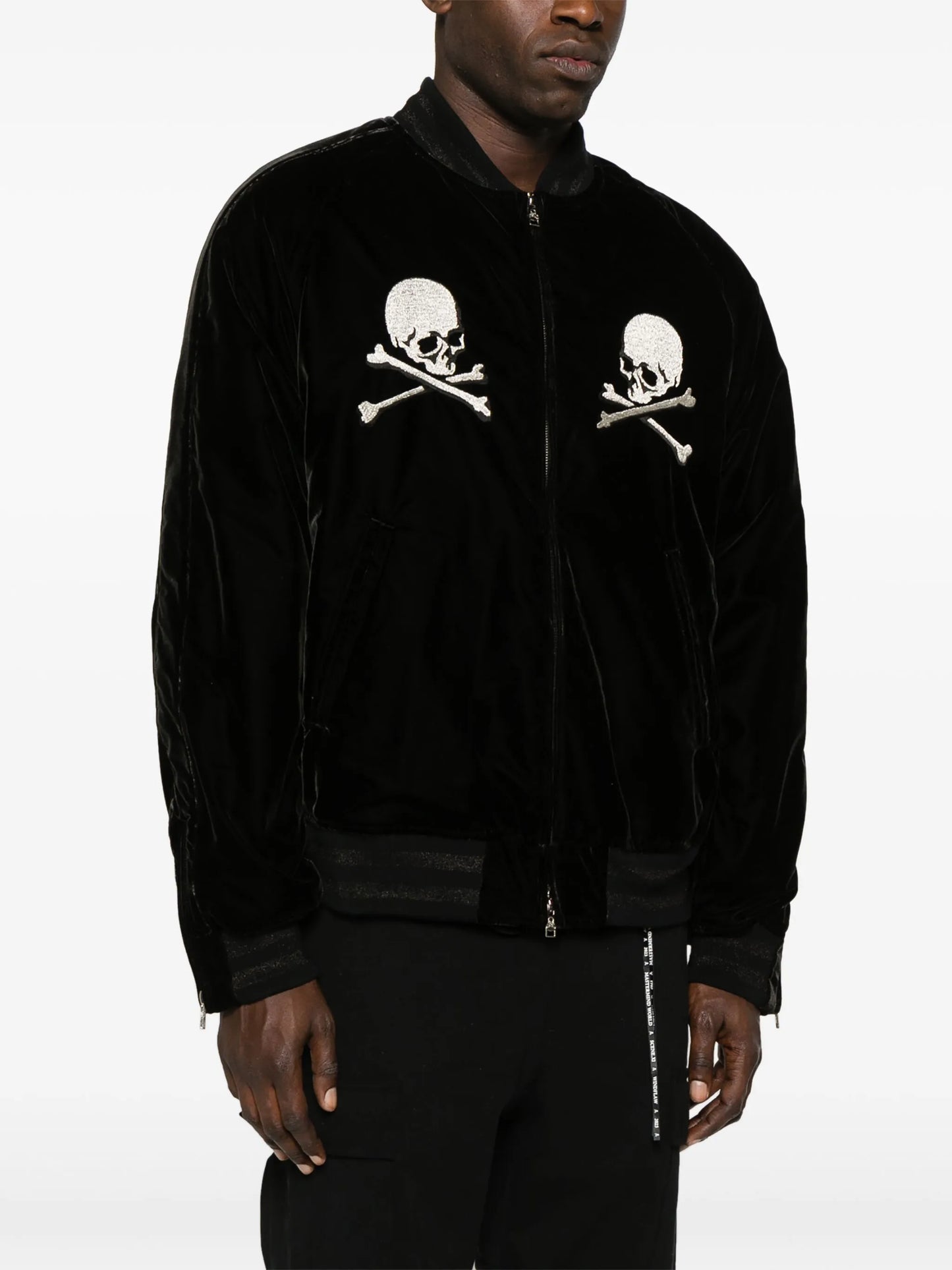 skill-embroidered velour bomber jacket