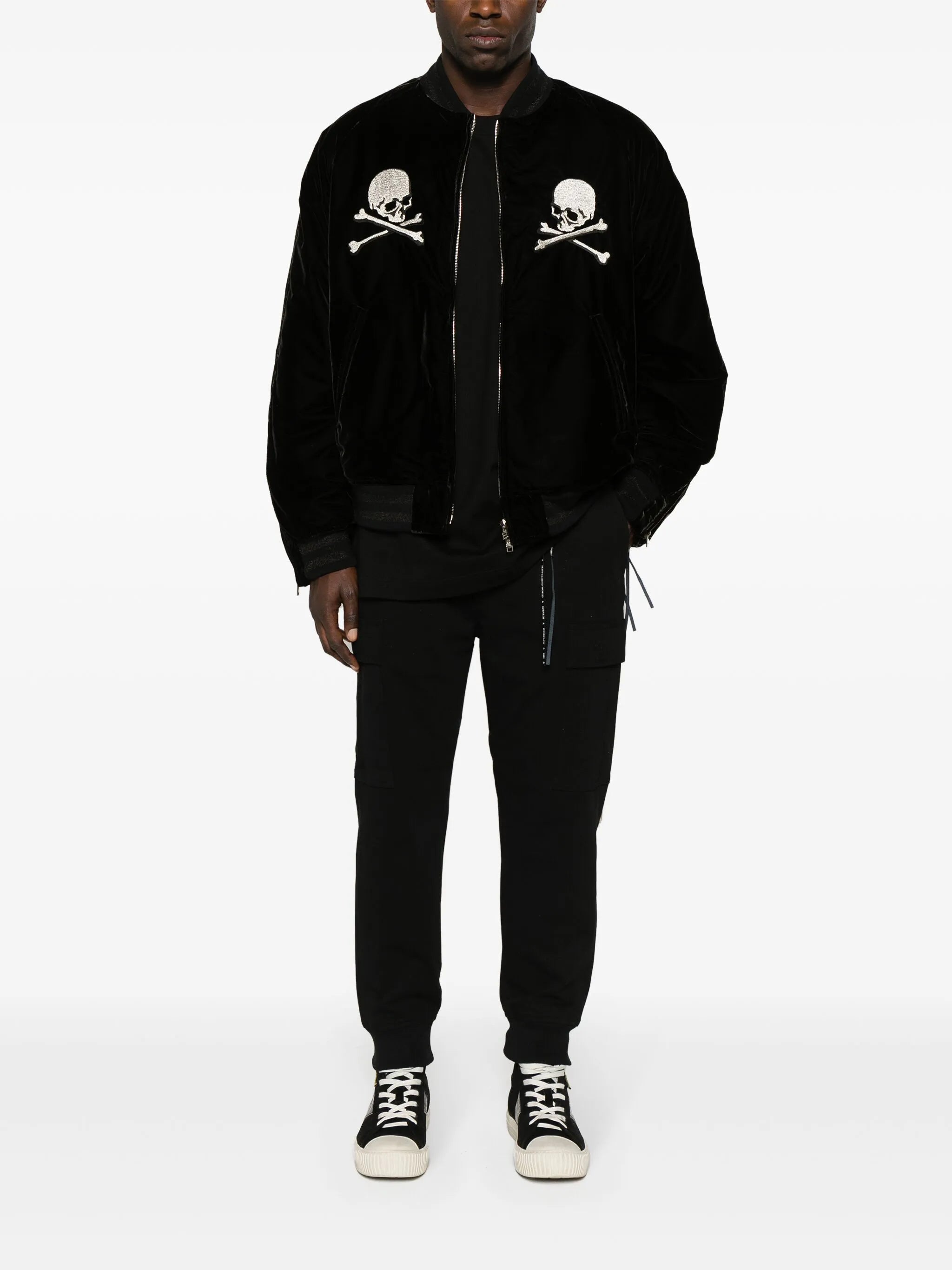 skill-embroidered velour bomber jacket