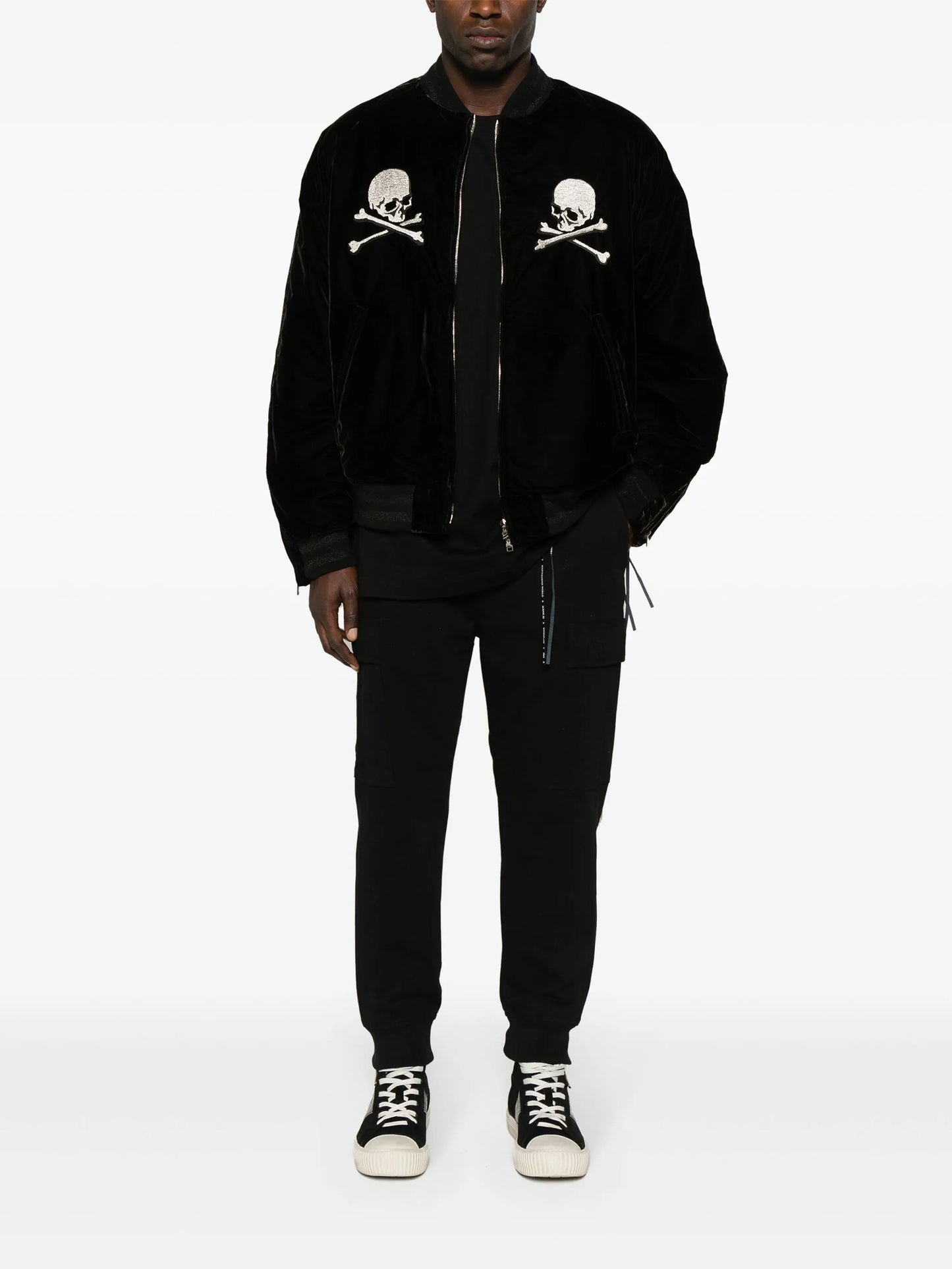 skill-embroidered velour bomber jacket