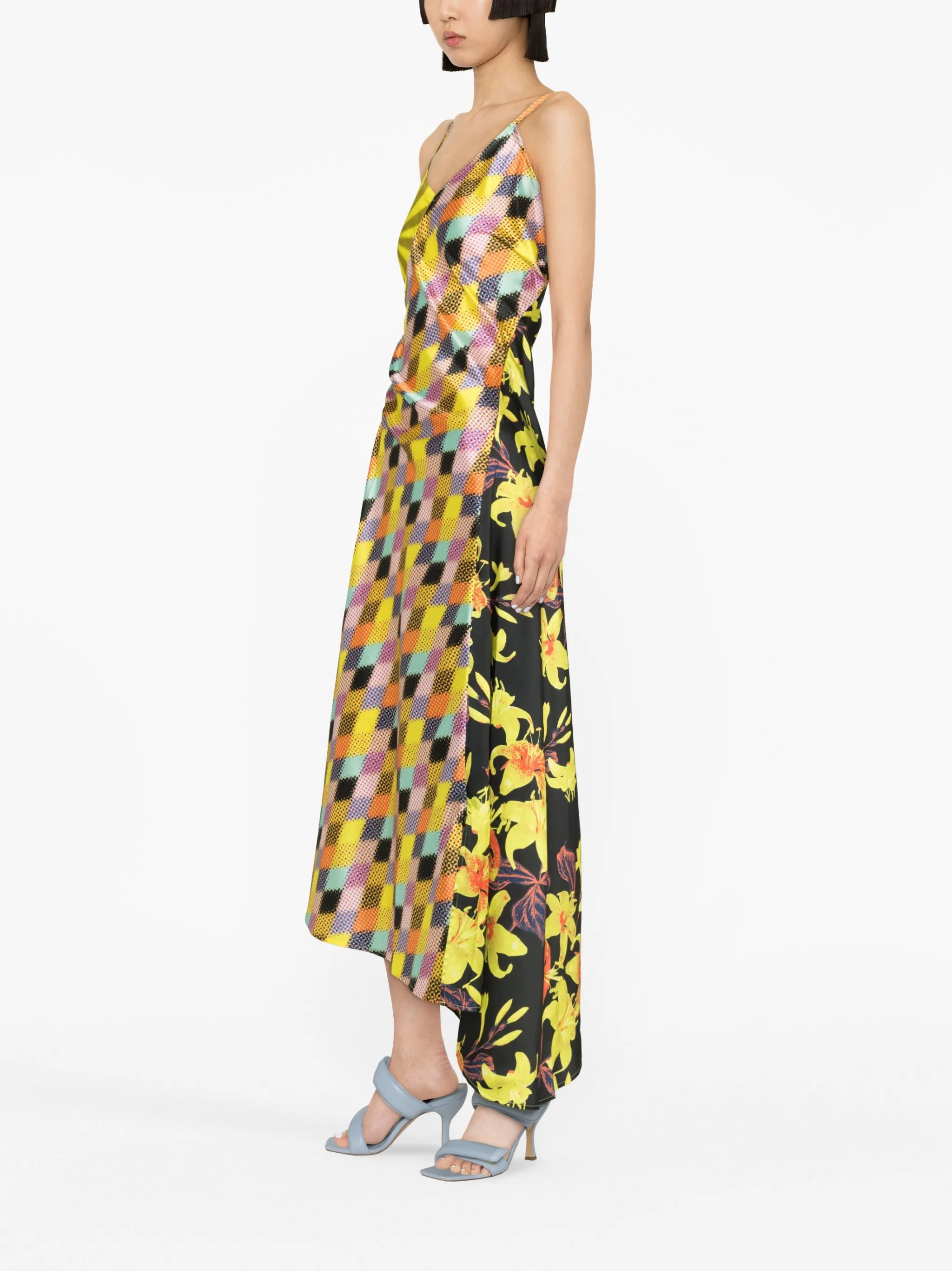 multi-print V-neck asymmetric dress
