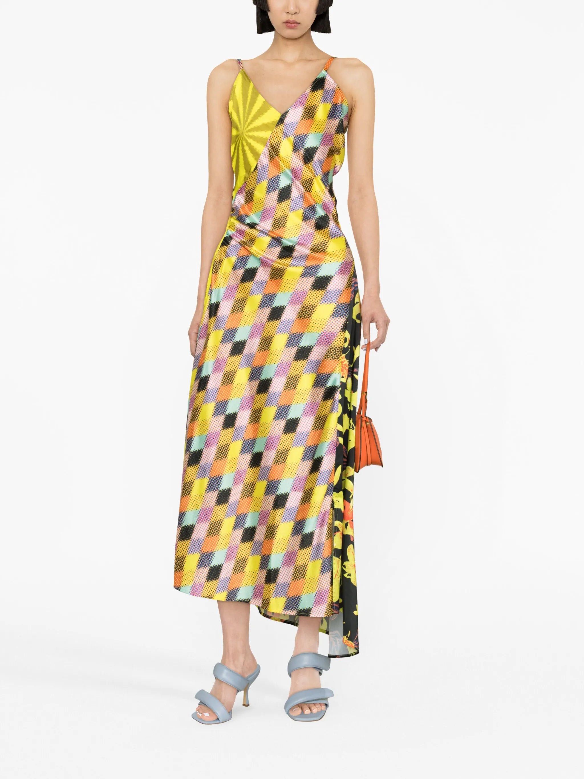 multi-print V-neck asymmetric dress