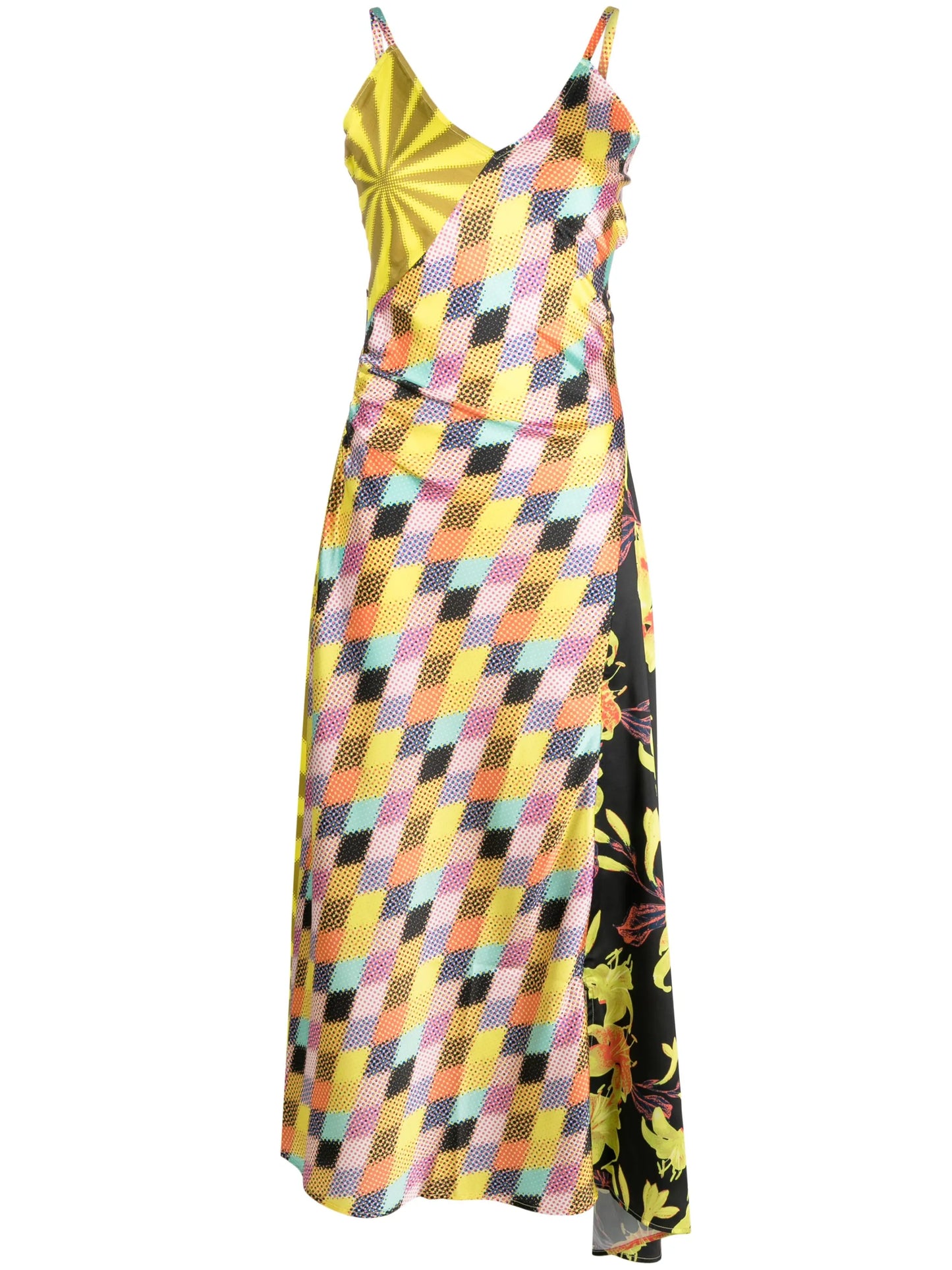 multi-print V-neck asymmetric dress
