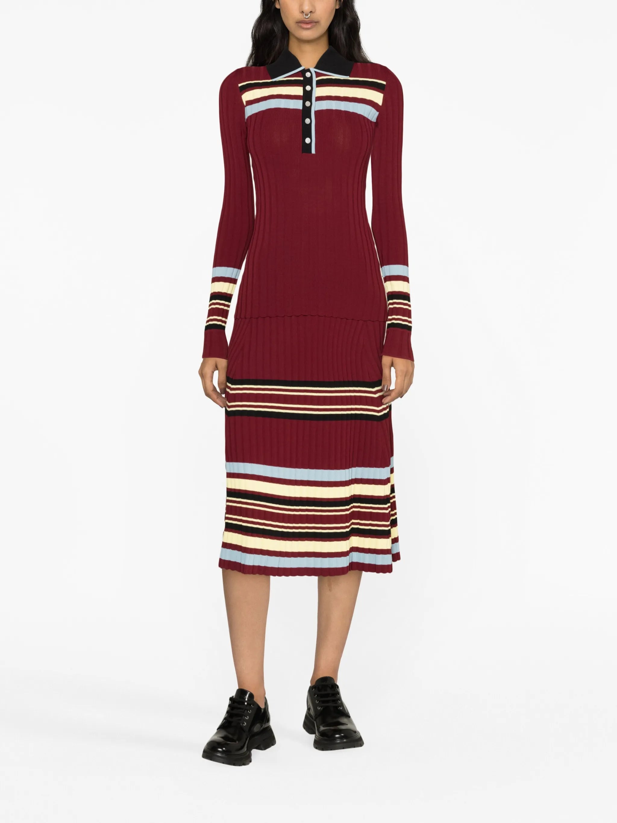 Wander striped ribbed-knit polo top
