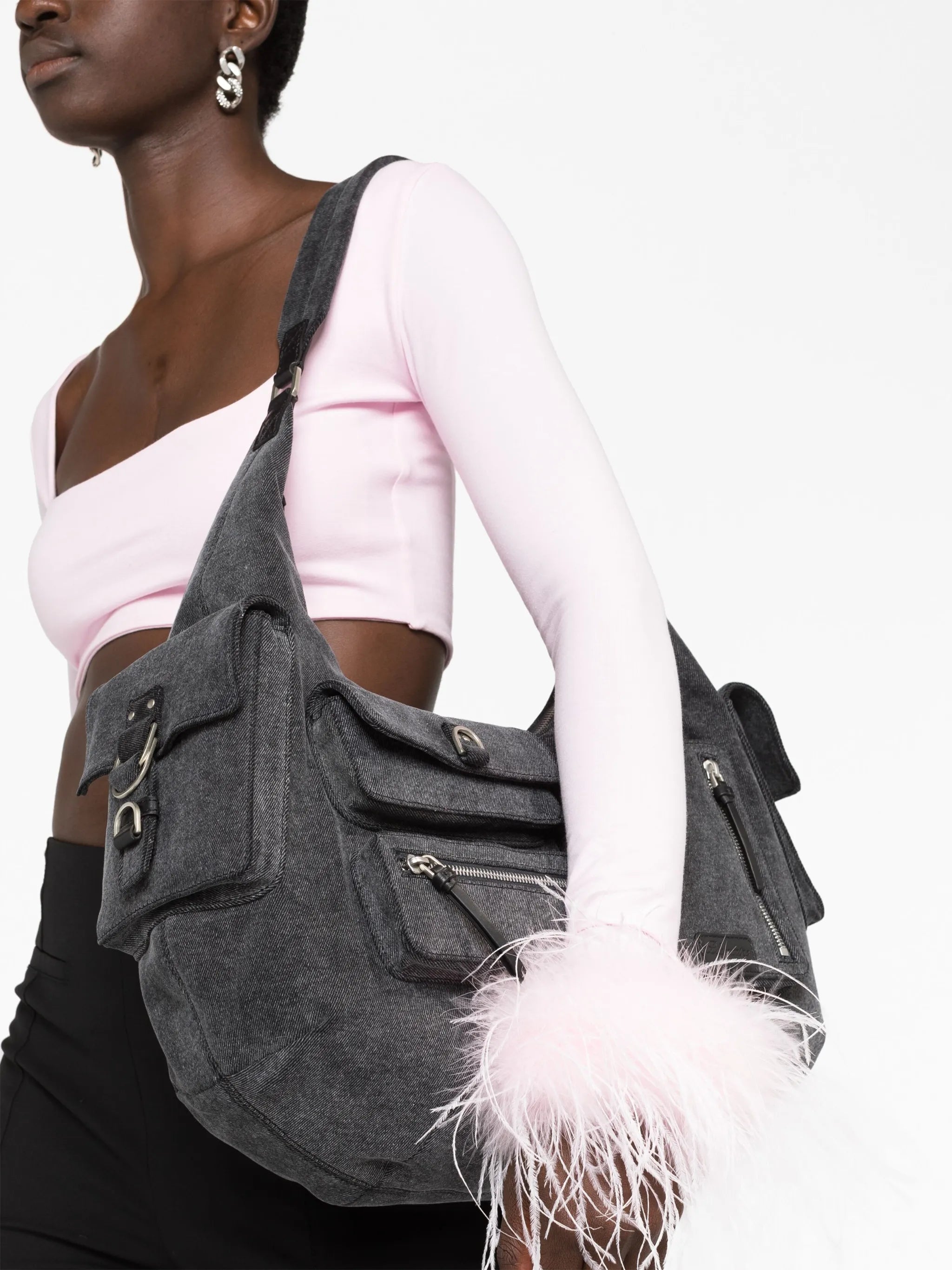 multiple-pocket denim tote bag