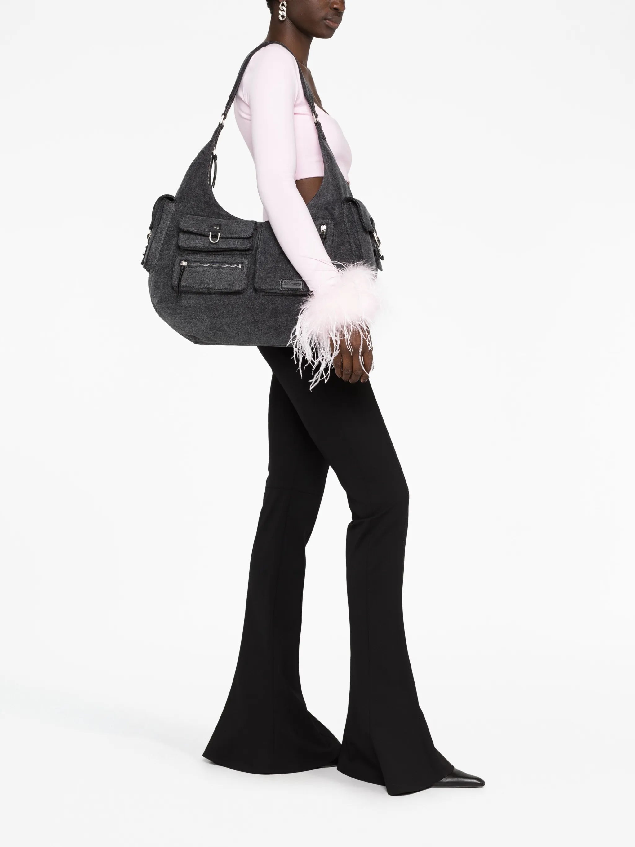 multiple-pocket denim tote bag